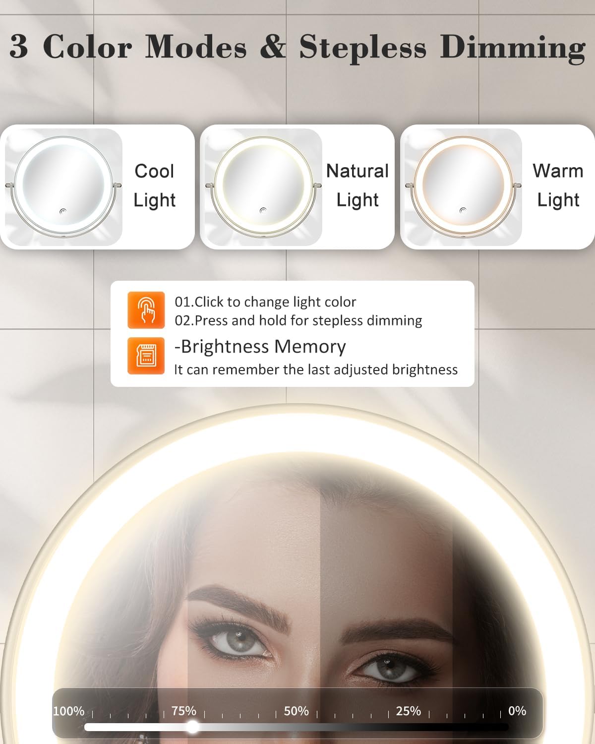 9'' 30X/1X Wall Mounted Lighted Makeup Mirror, Height Adjustable Double Sided 5000mAh Rechargeable Magnifying Bathroom Mirror with Light, 3 Color Modes Touch Dimmable Extended Arm 360 Rotation - Image 5