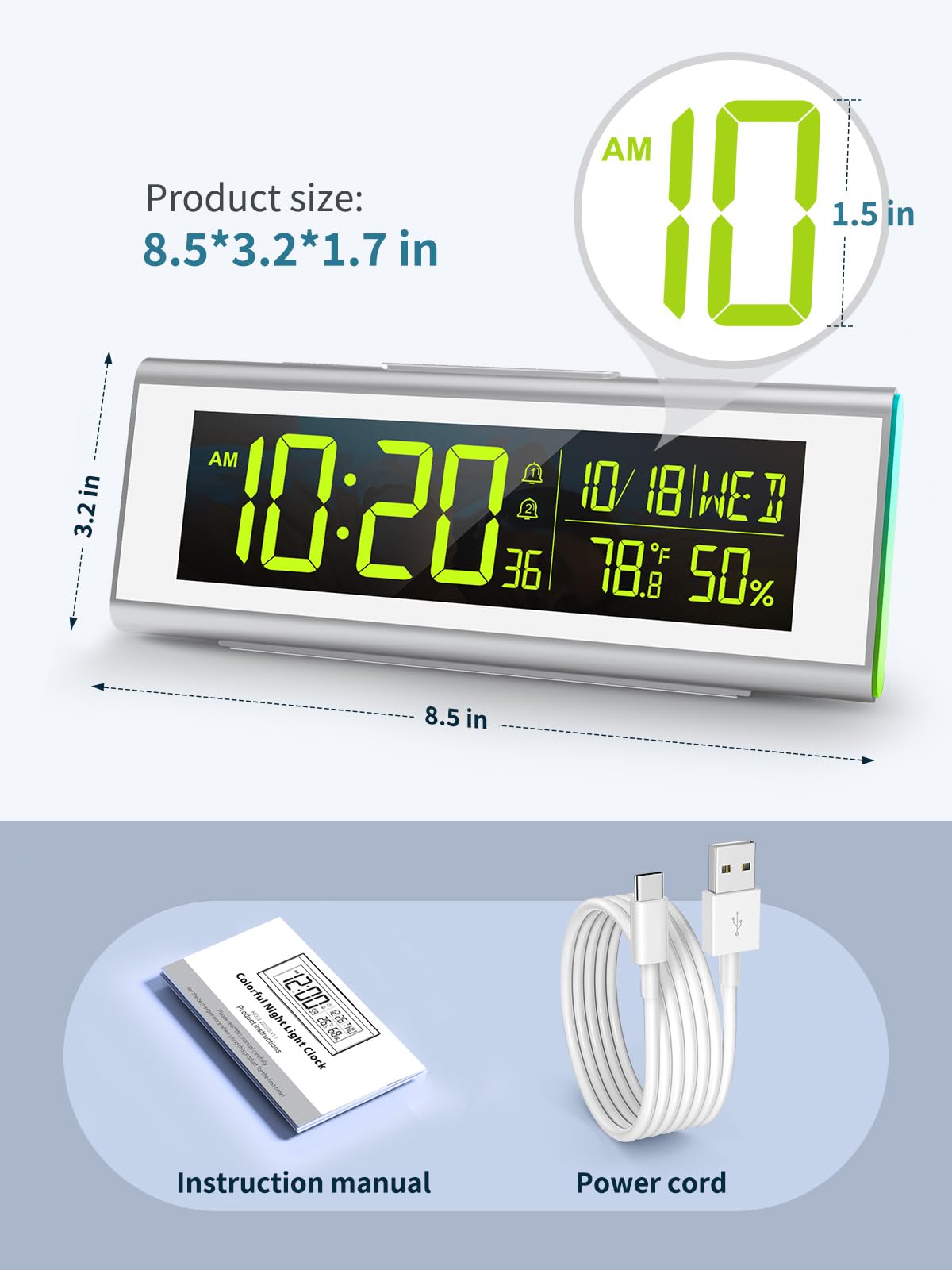 Réveil numérique pour chambre à coucher avec écran LCD, couleur atmosphère, cycle de couleur dégradé, avec affichage de la température et de l'humidité, fonction snooze (blanc)