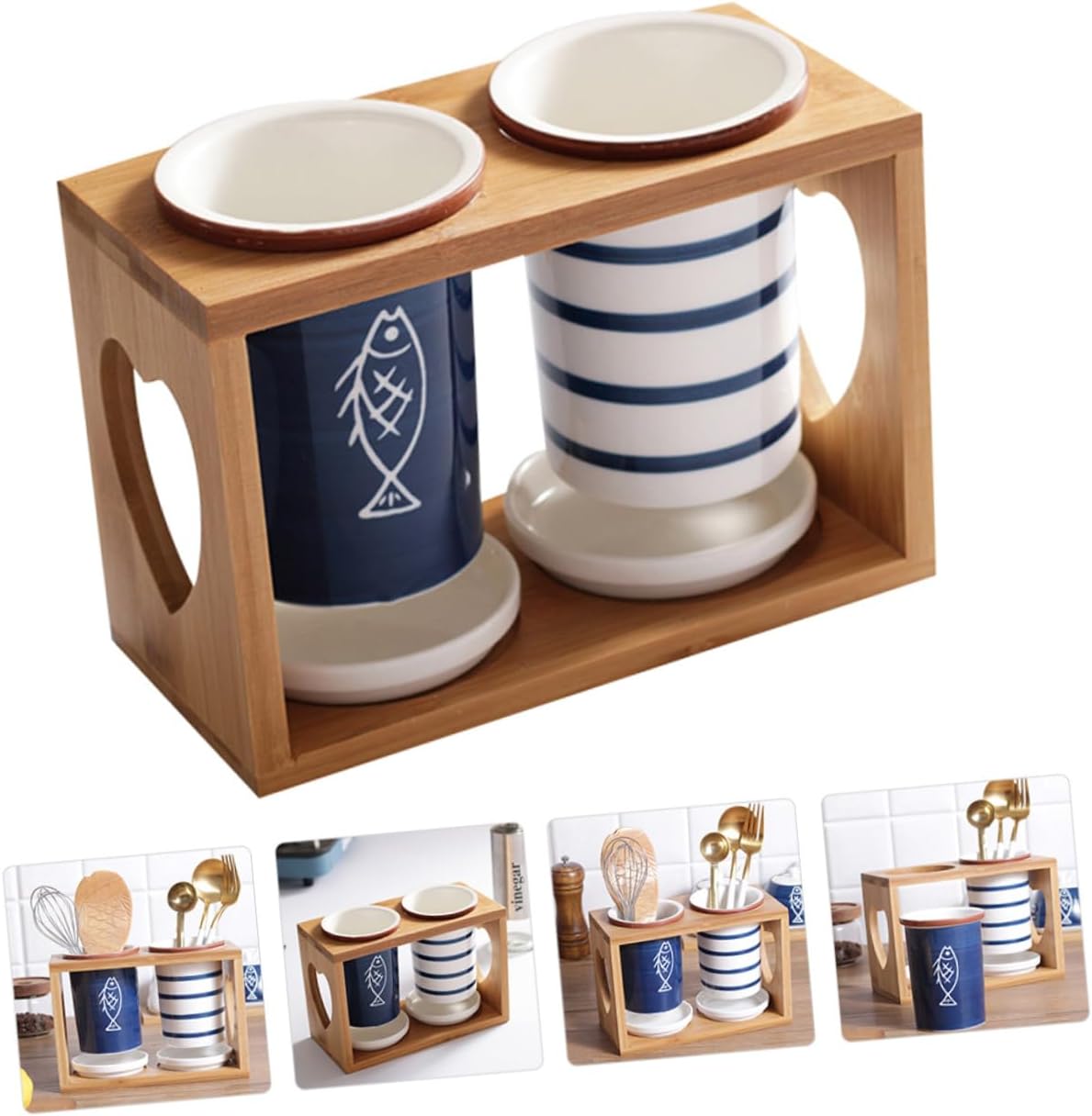 日本製手描き陶器箸置きラック竹製キッチン収納ラックセラミックカトラリーキャニスターセット小物収納容器キッチンアクセサリー用
