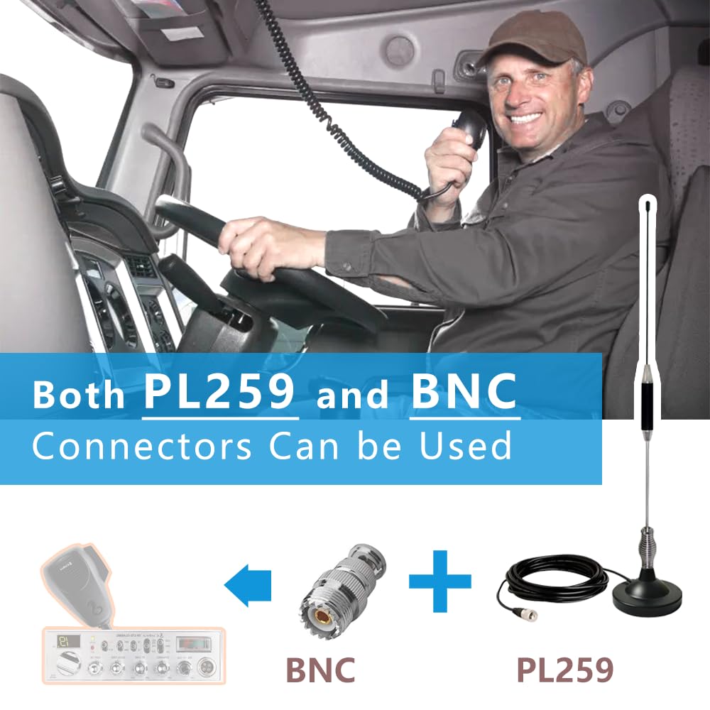 Antenna CB Magnetica 27 Mhz per Auto, Camion | Universale per Radio CB Midland, Uniden, President, Cobra,Alan | Con 5m RG58-Cavo, Connettore UHF PL259 & BNC, Ø95 mm Base Calamita, Alta 67cm