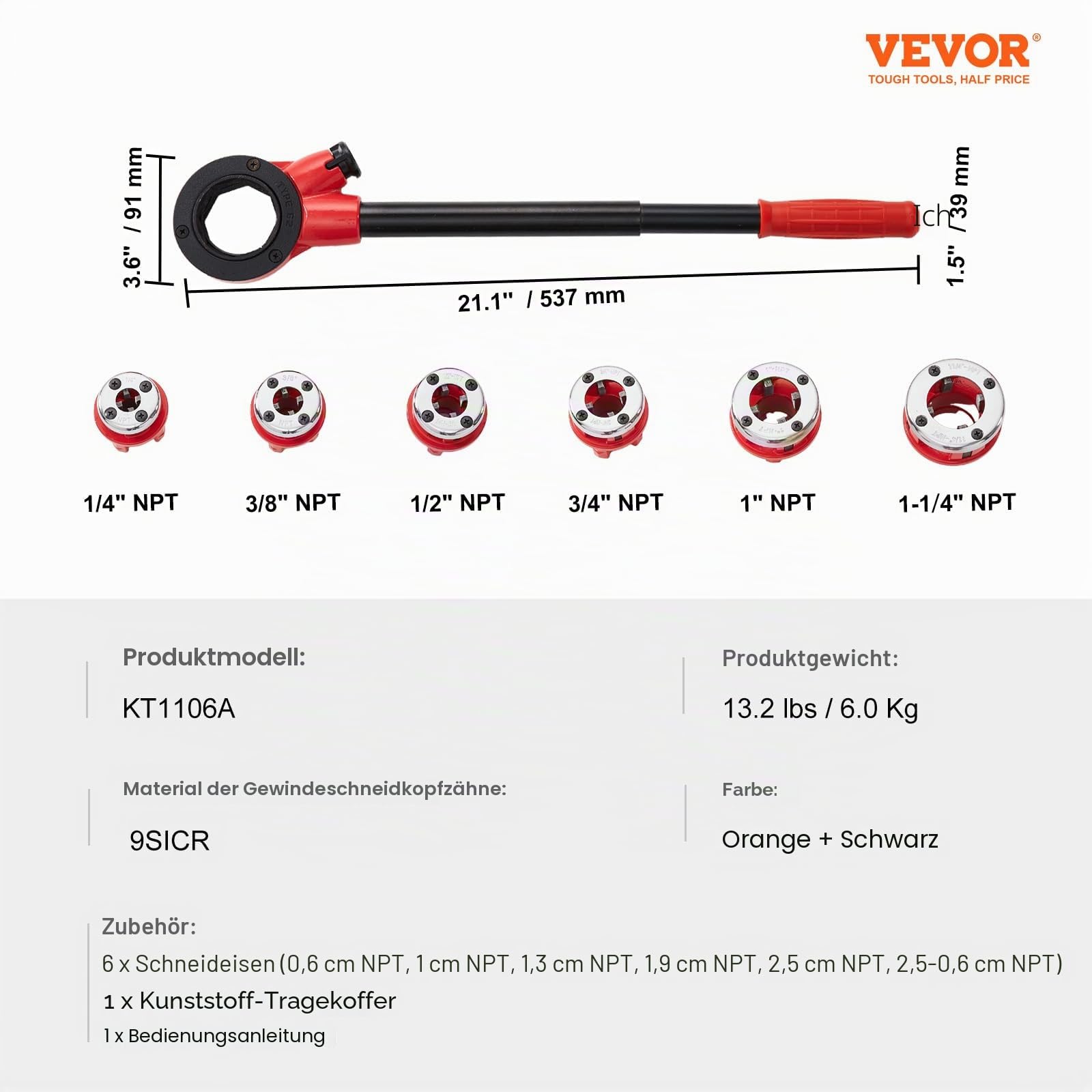 VEVOR 6-tlg. Set Gewindeschneidkluppe Rohrgewindeschneidsatz Kluppe Gewindeschneider 1/4 Zoll NPT – 1-1/4 Zoll NPT im Koffer 9SICR-Schneidkopf Ideal für Baugewerbe Sanitärindustrie usw.
