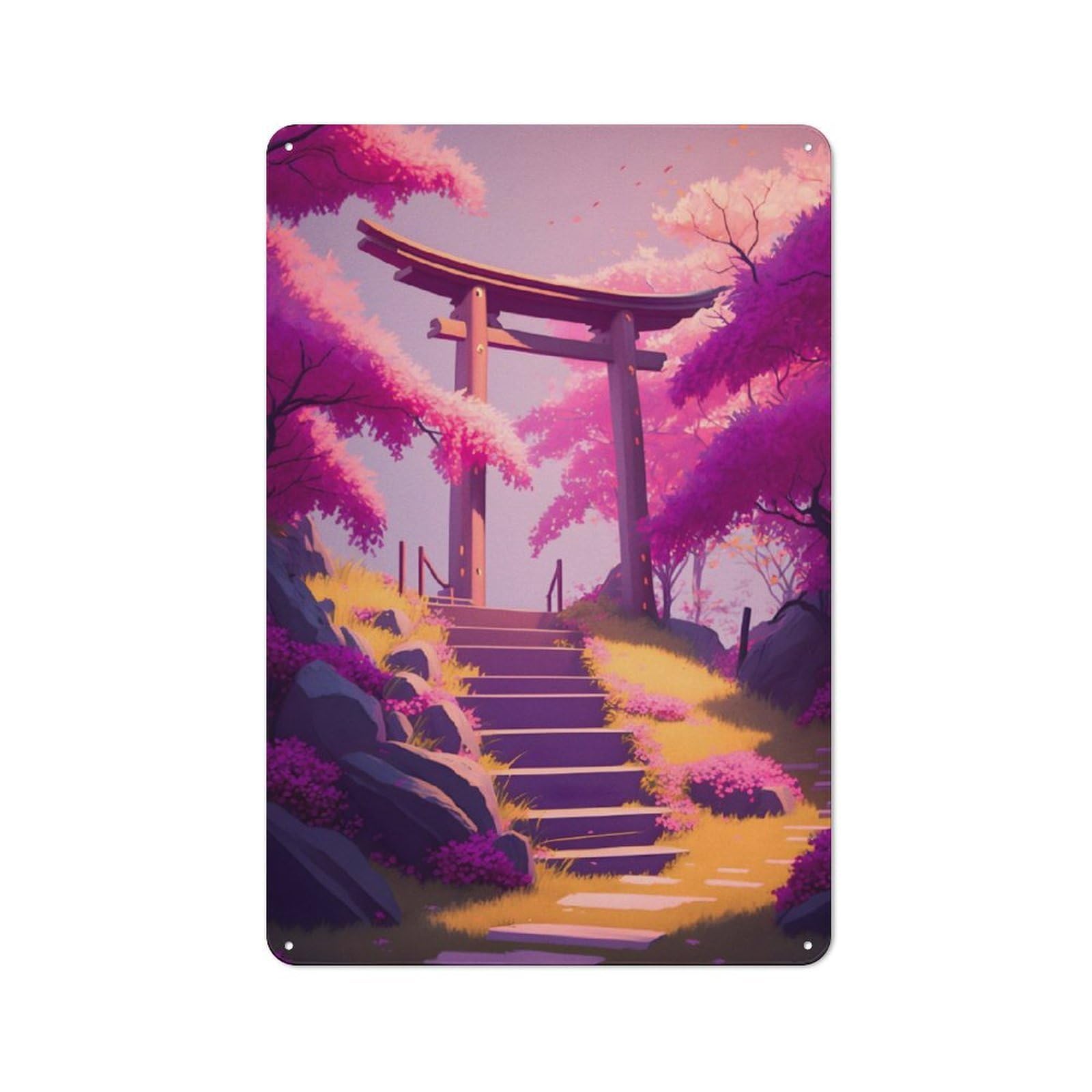 Junmoney Torii Gate And Cherry Blss Vintage Tin Sign 30X20cm With For Guest Room Or Hallway, For Themed Room Decoration, For Vintage Wall Decor Fans