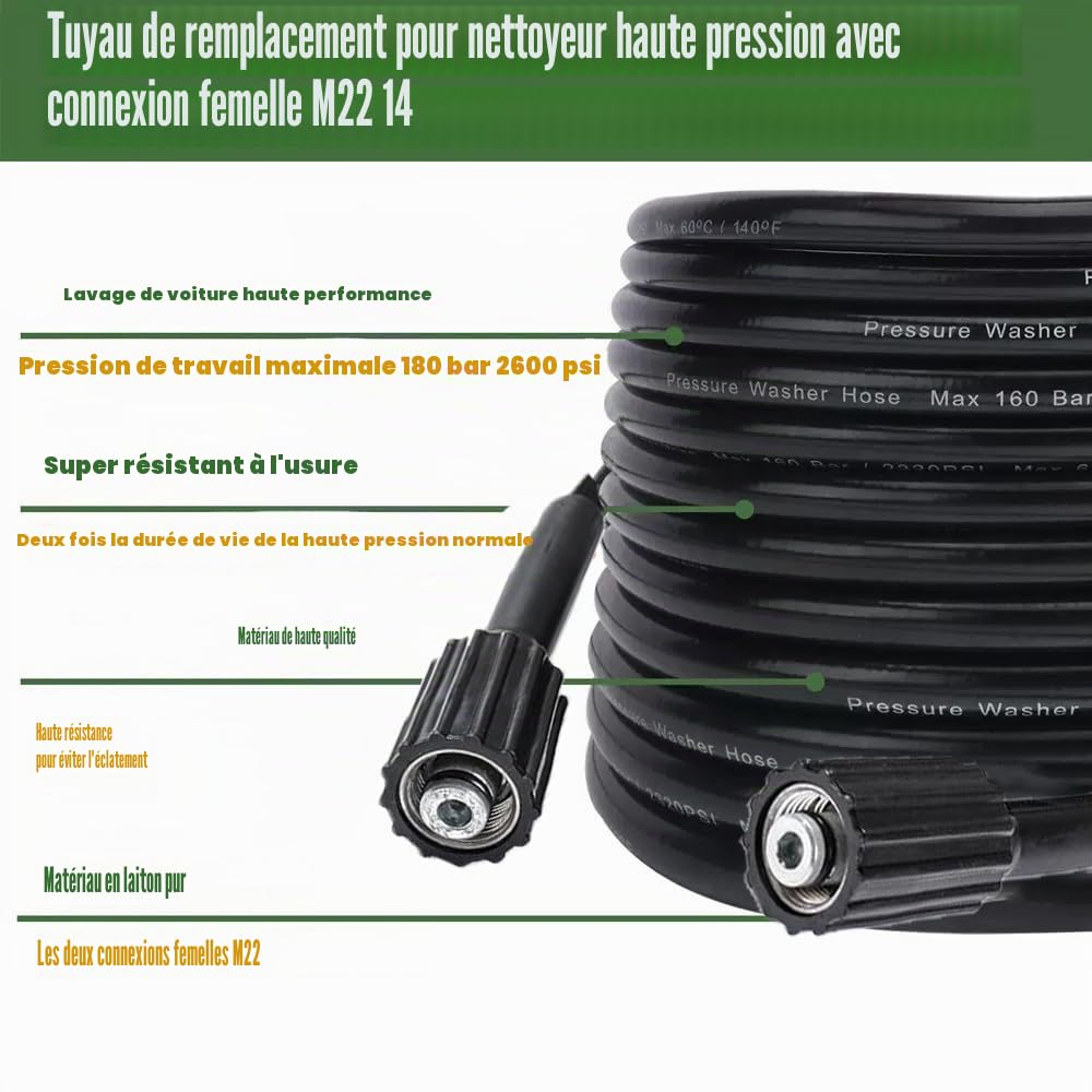 Tuyau de nettoyeur haute pression de 10 m, tuyau d'extension M22 x 14 mm, tuyau de remplacement haute pression 240 bars compatible avec Kärcher standard M22-14 connexion avec raccord fileté M22 x 1,5