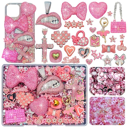 Junk Case Charms Kit Pink Junks Phones Cases 3D Rhinestone Cool teeth and lips And Bows Chain Bags Hearts And Cross Flowers And Other Bedazzling Kits Can Be Used In DIY Phone Case Designs