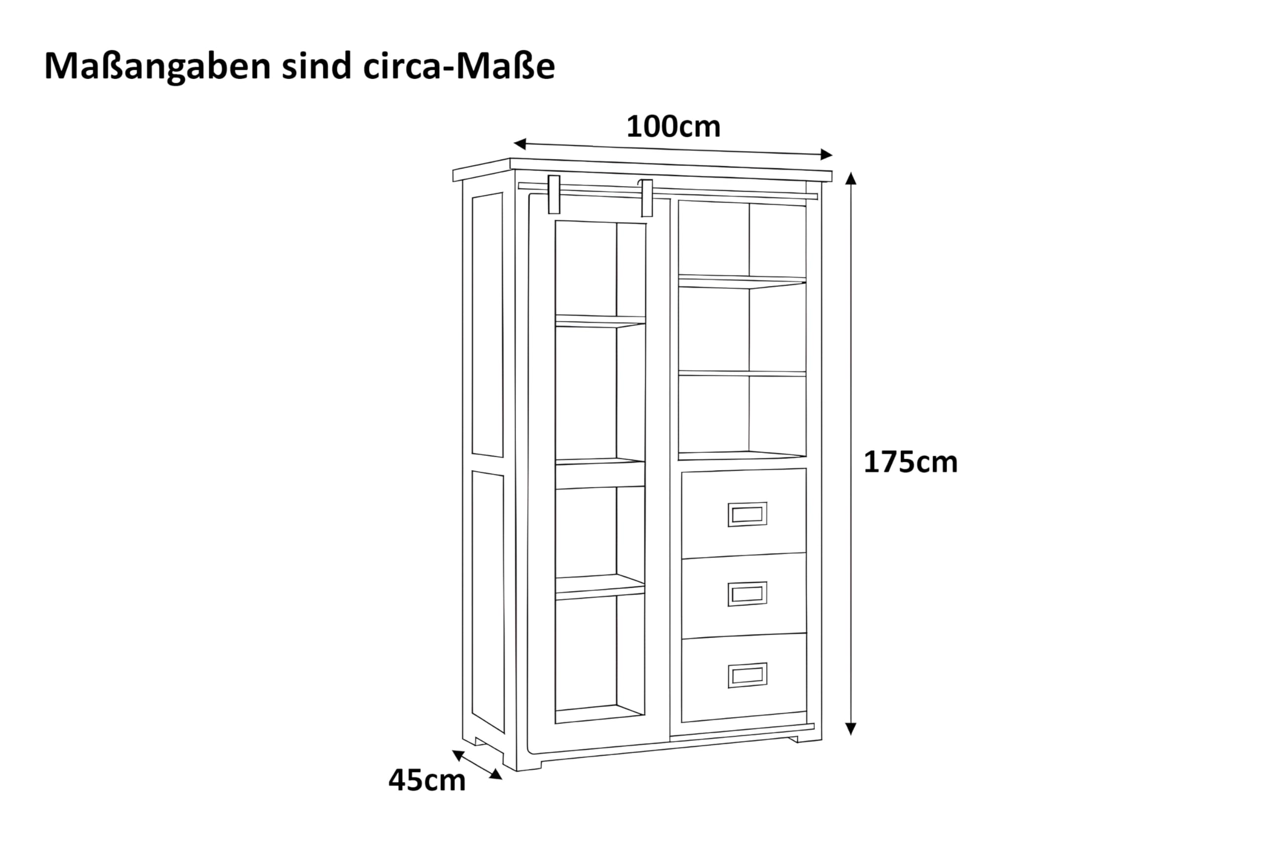 SAM Vitrine Libro, Mangoholz massiv + bunt, Glasvitrine mit Einer Glasschiebetür, 3 Schubladen & 7 offenen Fächern, Türelemente & Reling aus Eisen, 100 x 175 x 43 cm, Shabby Chic