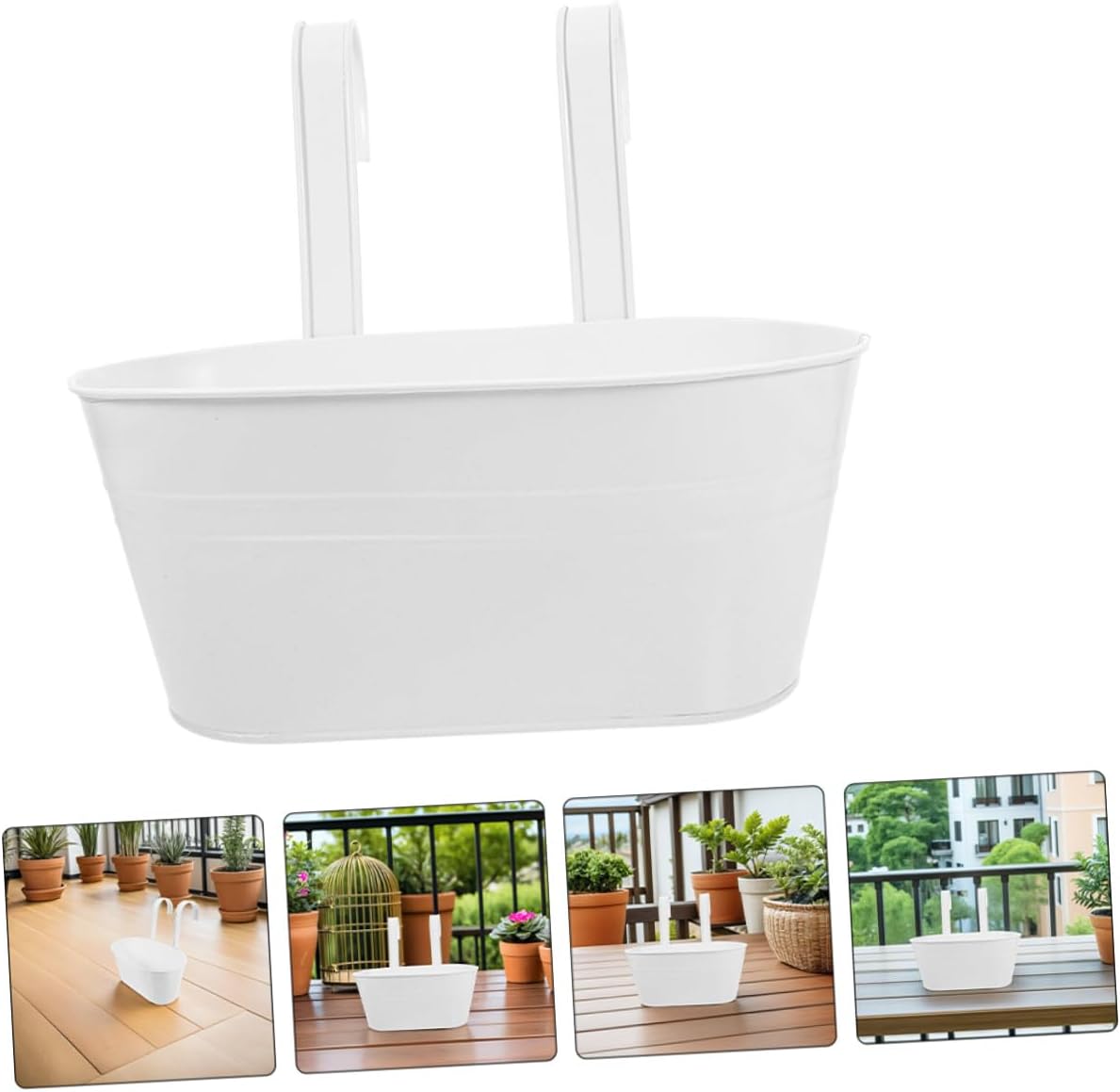 3pcs White Wrought Iron Hanging Flower Pots with Detachable Handles 27x14.5cm Metal Planter Buckets for Balcony Railing Outdoor Garden Patio