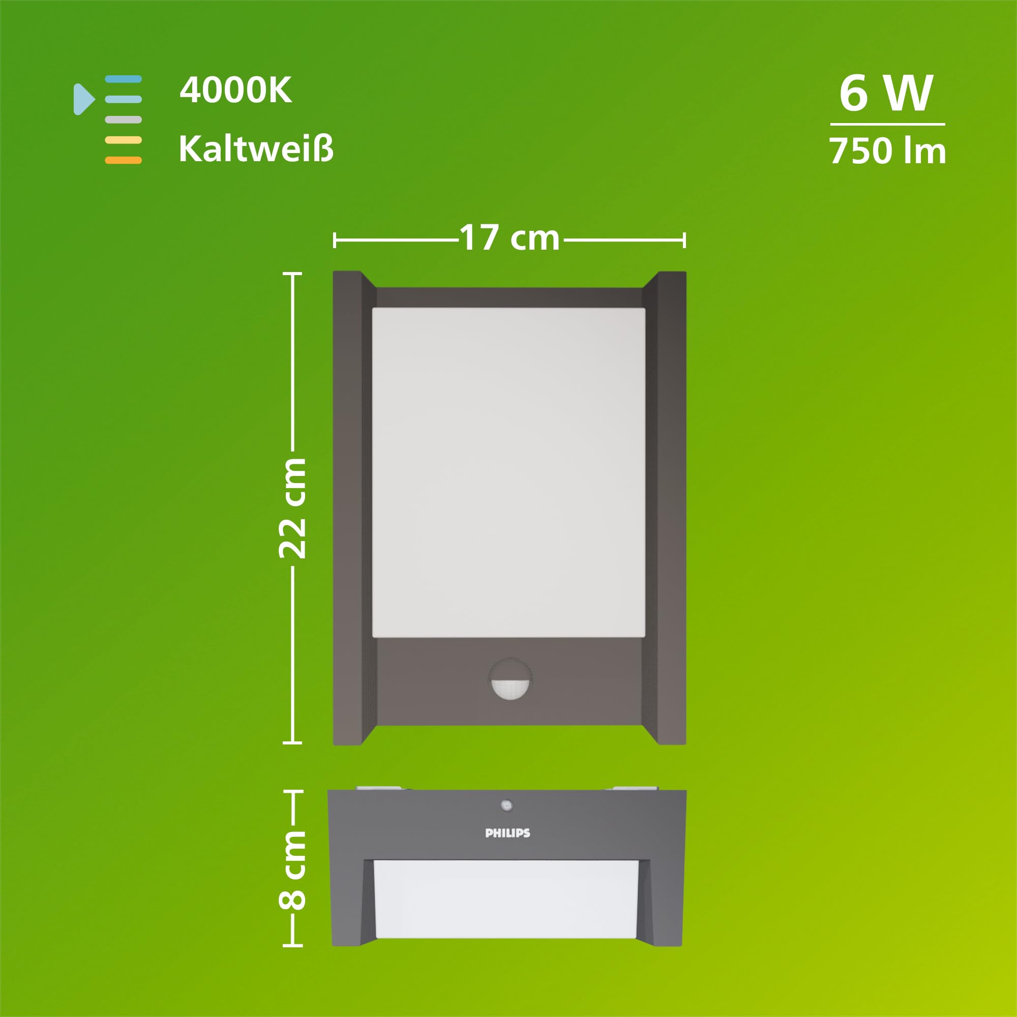 PHILIPS Arbour LED-Wandleuchte, Außenleuchte mit Bewegungsmelder, Außenbeleuchtung, 6 W, 750 lm, 4.000 K Kaltweißes Licht, IP44-Wetterfest, Integrierte LED, Langlebig, Anthrazitgrau