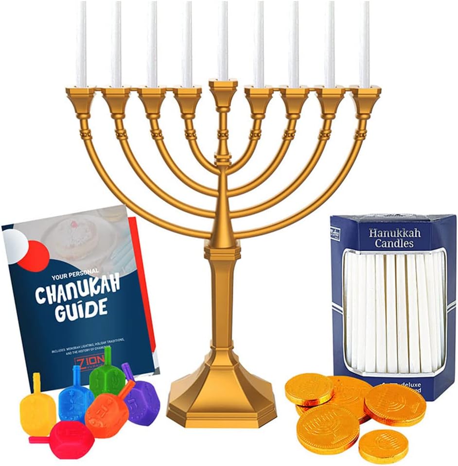 Last Minute Complete Hanukkah Menorah Kit 9" Menorah, 44 Colored Hanukkah Candles