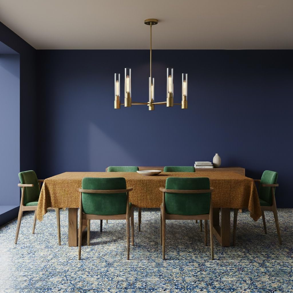 Lark Shea Medium Single Tier Chandelier, Clear Glass Cylindrical Shades Create a Candle Effect, Lacquered Brass