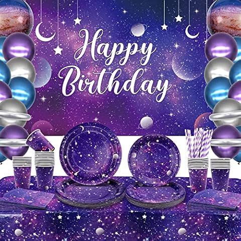 Galaxy Party Supplies Tableware Set,Includes Banner, Plates,Cupcake Topper Napkins, Cups ,Tablecloth, Balloons,Foil Balloons, for 20 Guests Galaxy Outer Space Theme Birthday Party Decoration (Style B) Cover