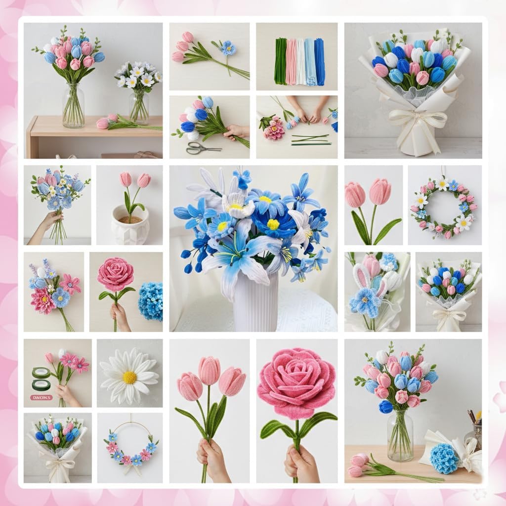 480 Pcs Pipe Cleaners for Flower Making, Multi-Colored Chenille Stems - Complete Arts and Crafts Supplies Kit for DIY Flowers, Home Decor, Kids and Adult Art Projects (Blue)