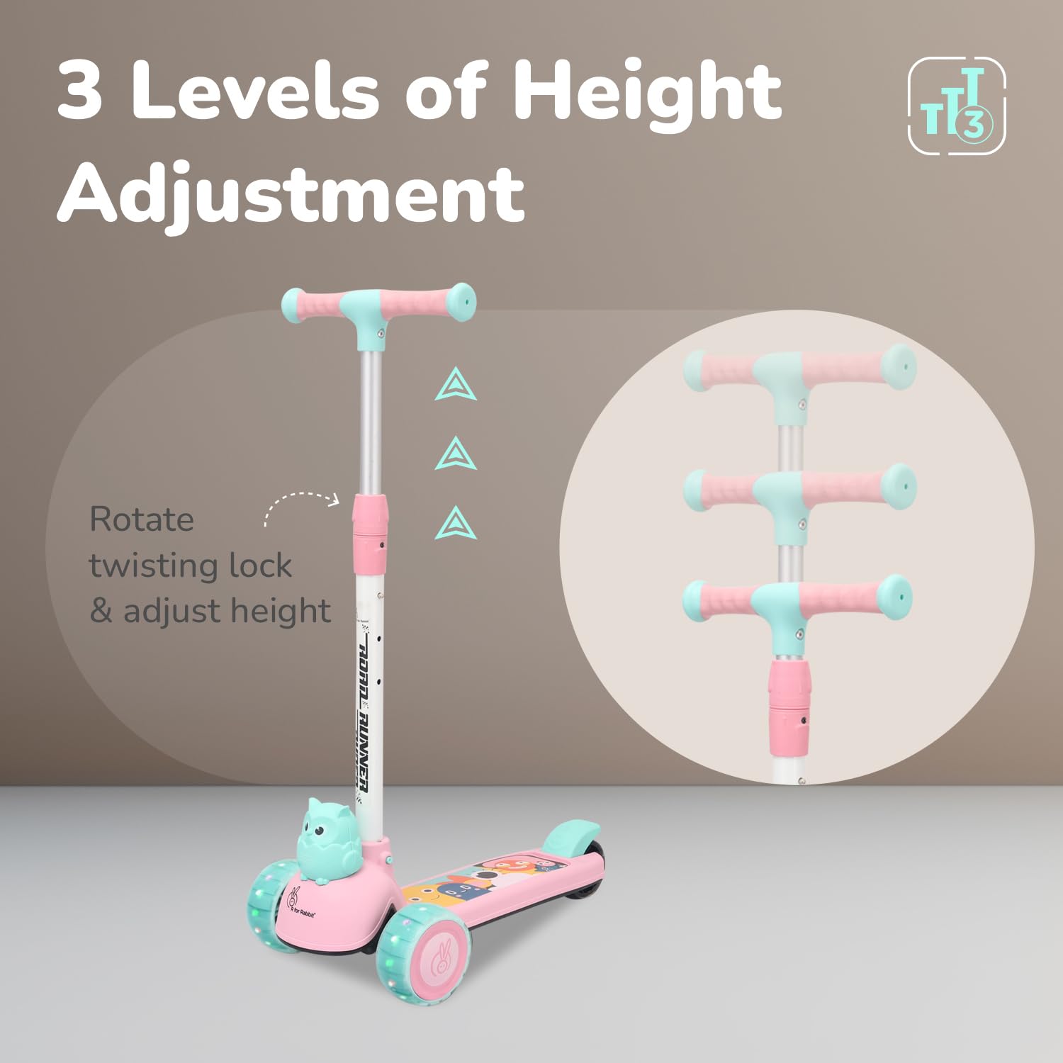 R for Rabbit Road Runner Ryder Kids Scooter, 3 Level Adjustable Height Wide Deck & PU LED Wheels Kick Scooter with Brake for 3+ Years Kids, Weight Capacity Upto 50kgs (Pink Blue) - Image 3 thumbnail