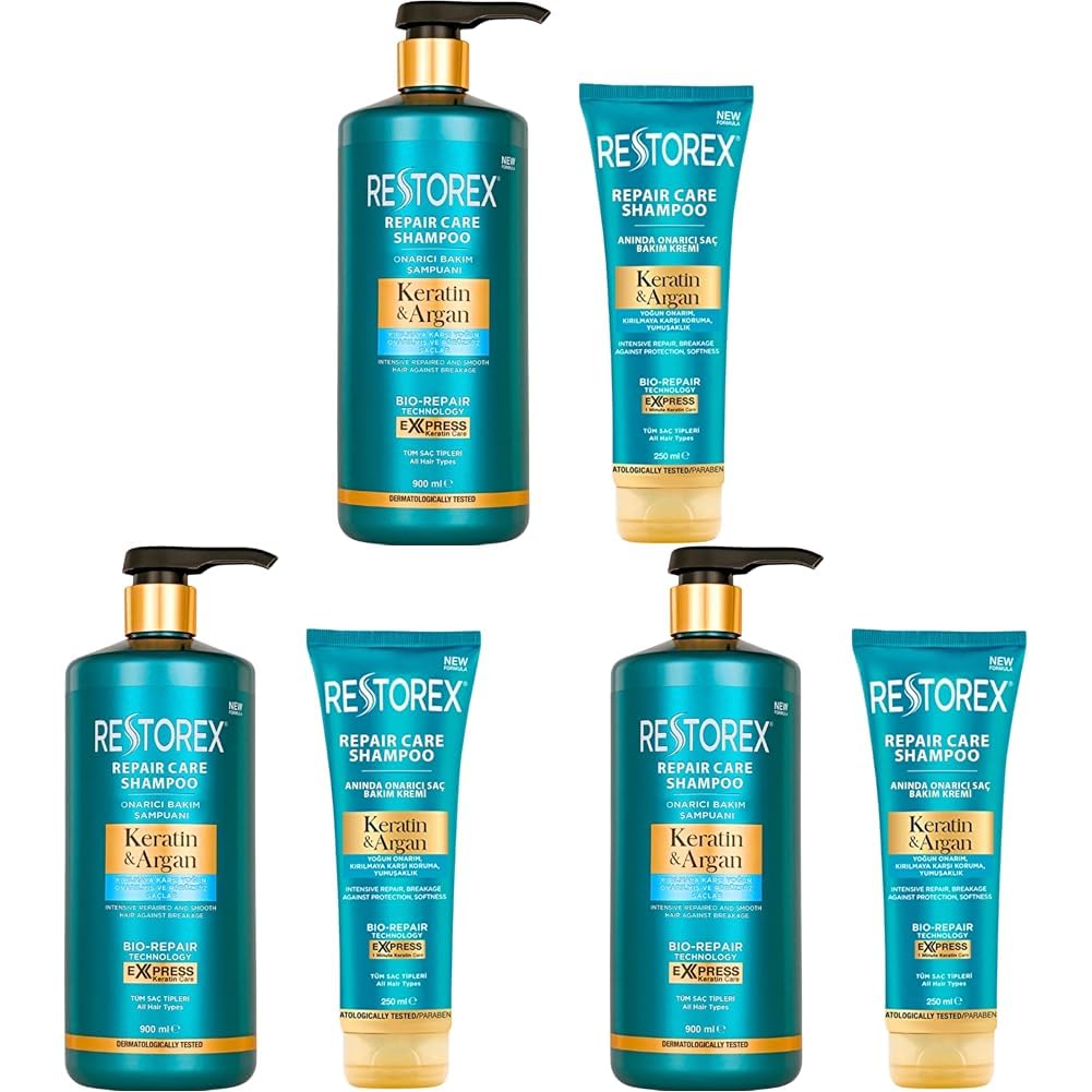 Restorex Keratin & Argan Onarıcı Saç Bakım Şampuanı 900 Mililitre, Yıpranmış ve Hasar Görmüş Saçlar (3 paketi)