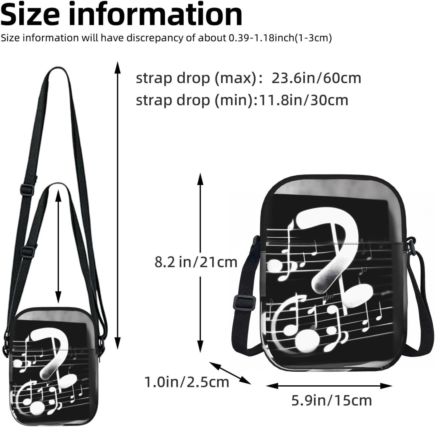 Black White Music Note Print Women Crossbody Bag Shoulder Lightweight Travel Purse Casual Daily Handbag image 5