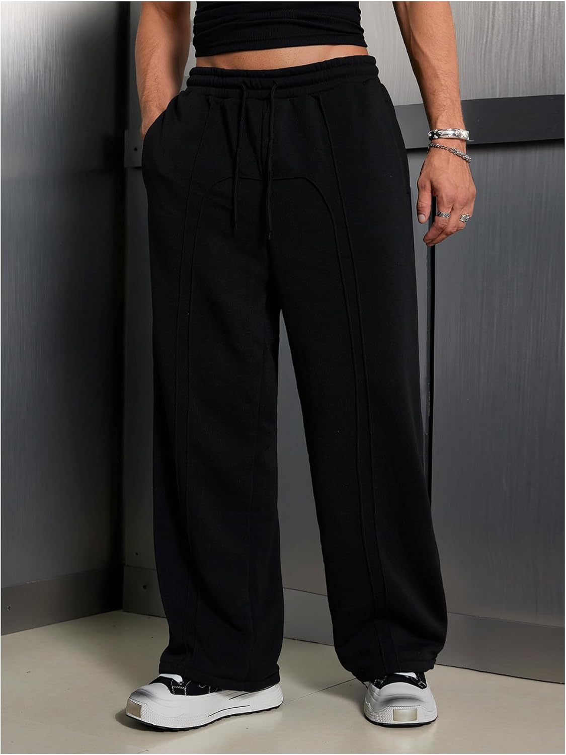 Men's Stacked Baggy Sweatpants Drawstring Waist Straight Leg Track Pants Streetwear - Image 3