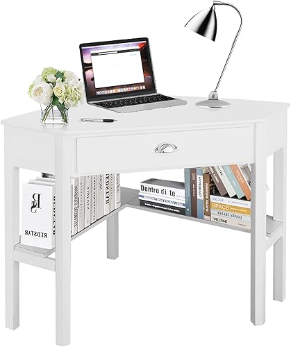 Escritorio esquinero para computadora, mesa de ahorro de espacio con cajón y estantes, estación de trabajo de 90 triángulos para oficina en casa,