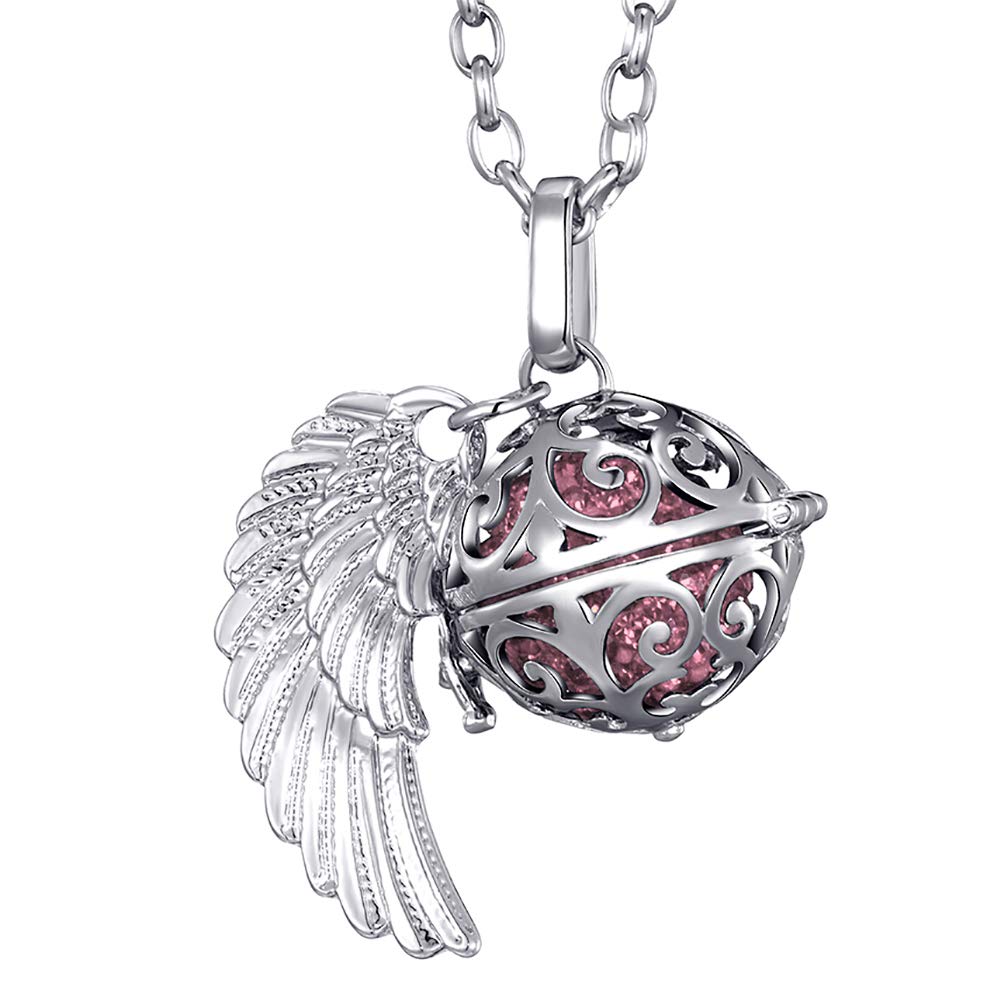 Morella Catenina Donna Angelo Custode in Acciaio Inox 70 cm con Ciondolo ad Ali di Angelo e Sfera Rosa Ø 16 mm in Sacchetto di Velluto
