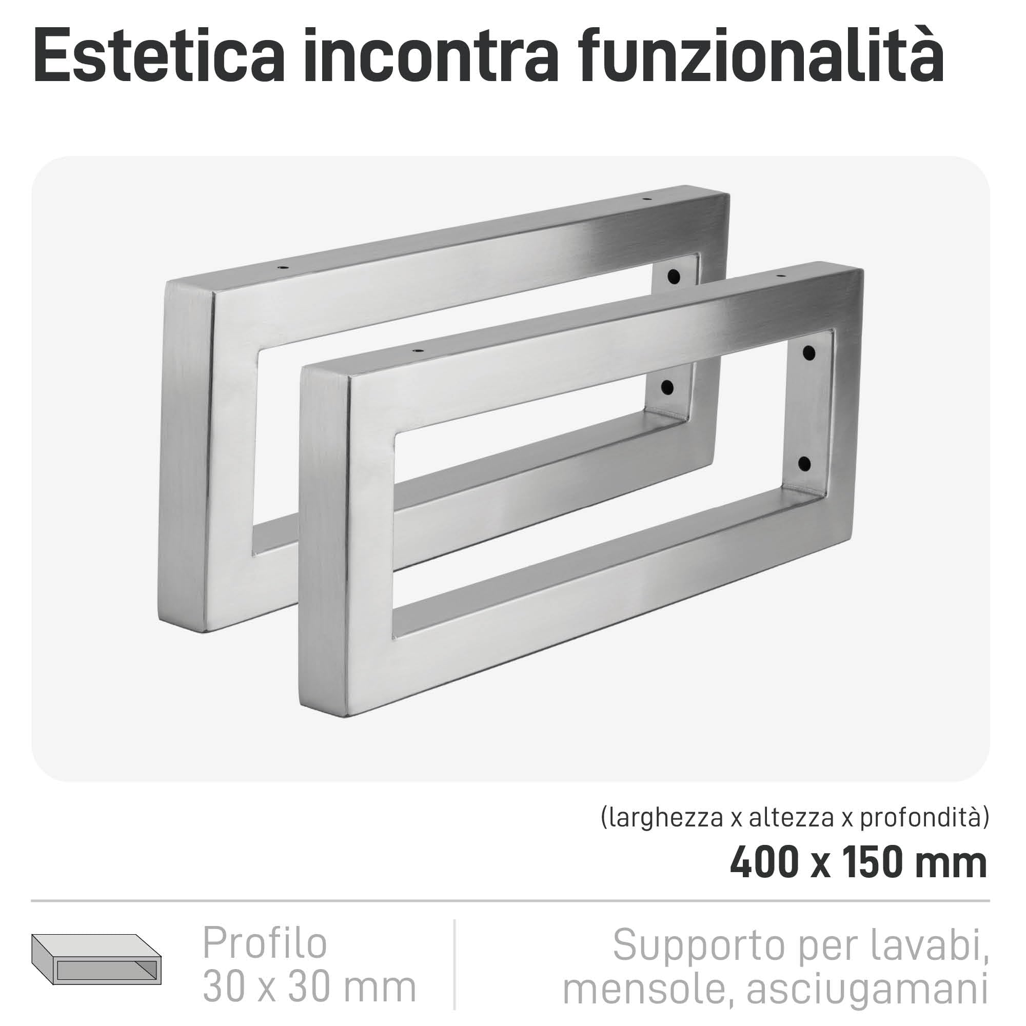 Natural Goods Berlin 2x Staffe per Mensole RETTANGOLO | Montaggio a Parete Semplice | Supporto per Mensola in Acciaio Inox | Supporti per Lavabo e Mensola da Parete | Reggimensola 400 mm