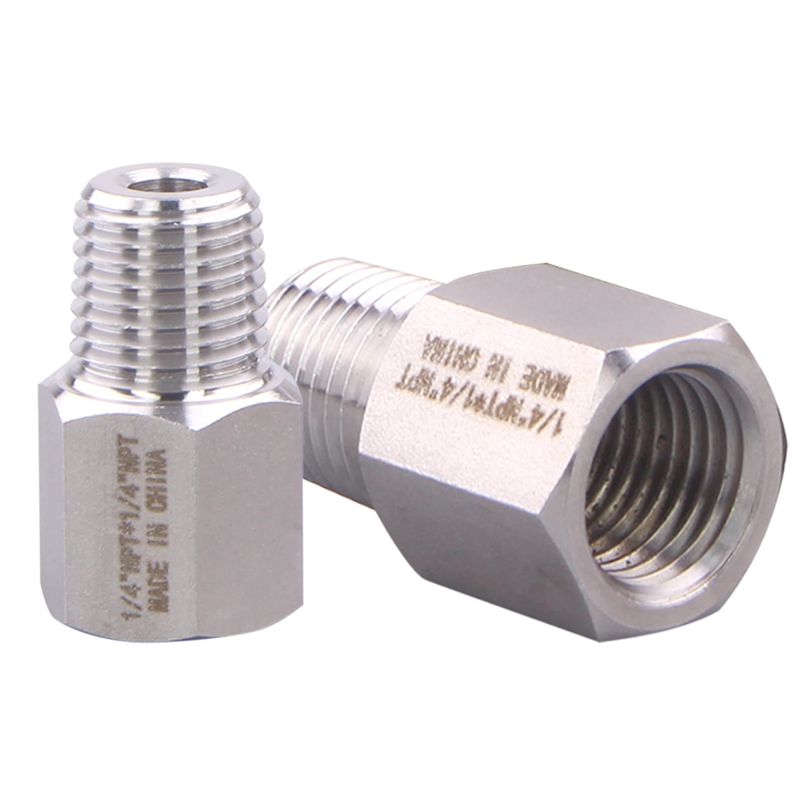 Forged Reducer Adapter Fitting - Stainless Steel 304 Reducing Pipe Connector, 1/4" NPT Female x 1/4" NPT Male (pack of 2)