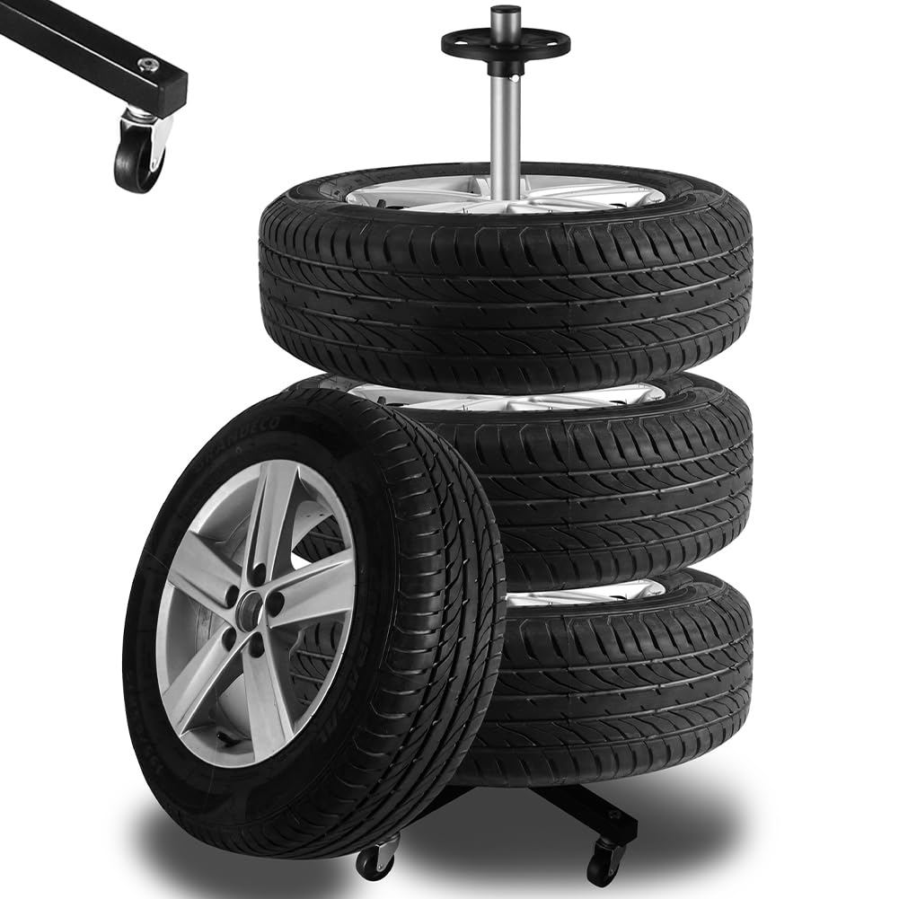 Albero Asta Porta Pneumatici con Ruote Piroettanti per Cerchioni da Auto, Camion, Moto, Scaffale Portagomme Mobile Salvaspazio per Gommista, Officina, Meccanico, Struttura in Ferro Resistente