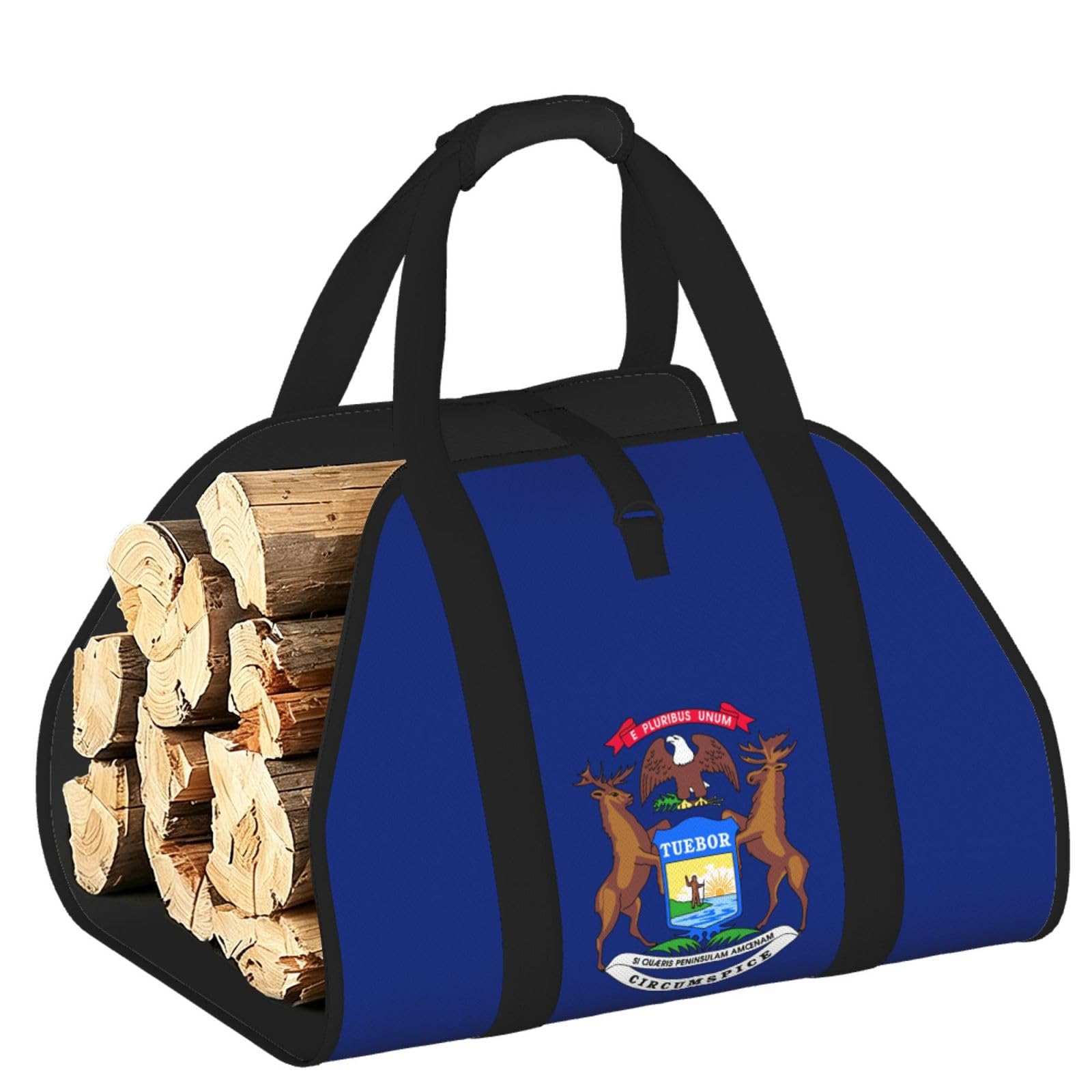 Ayyqwe Black Michigan State Flag Print Firewood Bag Wood Waterproof Versatile Camping Picnic Storage Daily Home