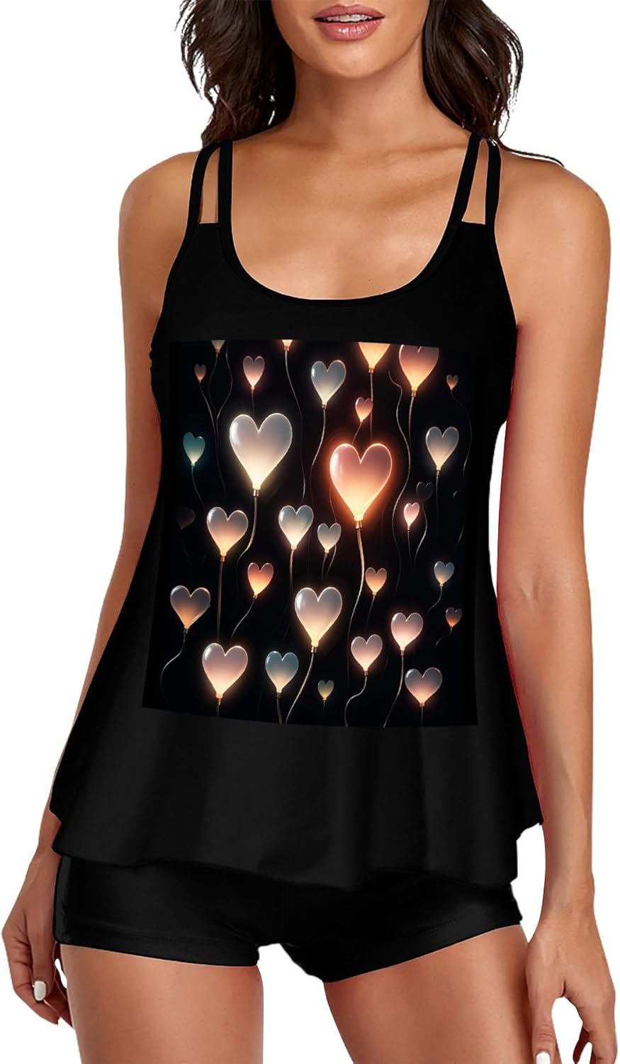 Glowing Heart Love Tankini Swimsuits for Women Tummy Control Two Piece Bathing Suits Swim Tops with Boy Shorts