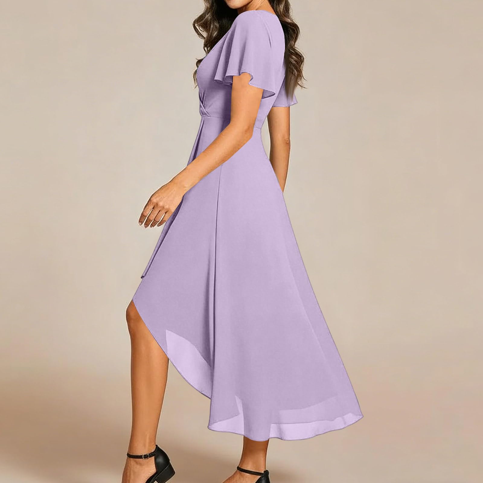 Robe Femme Chic et Elégante pour Mariage - Robes de Cérémonie High-Low en Mousseline à Manches Papillon - Robe de Soirée Coupe Trapèze Fluide Col V Couleur Unie