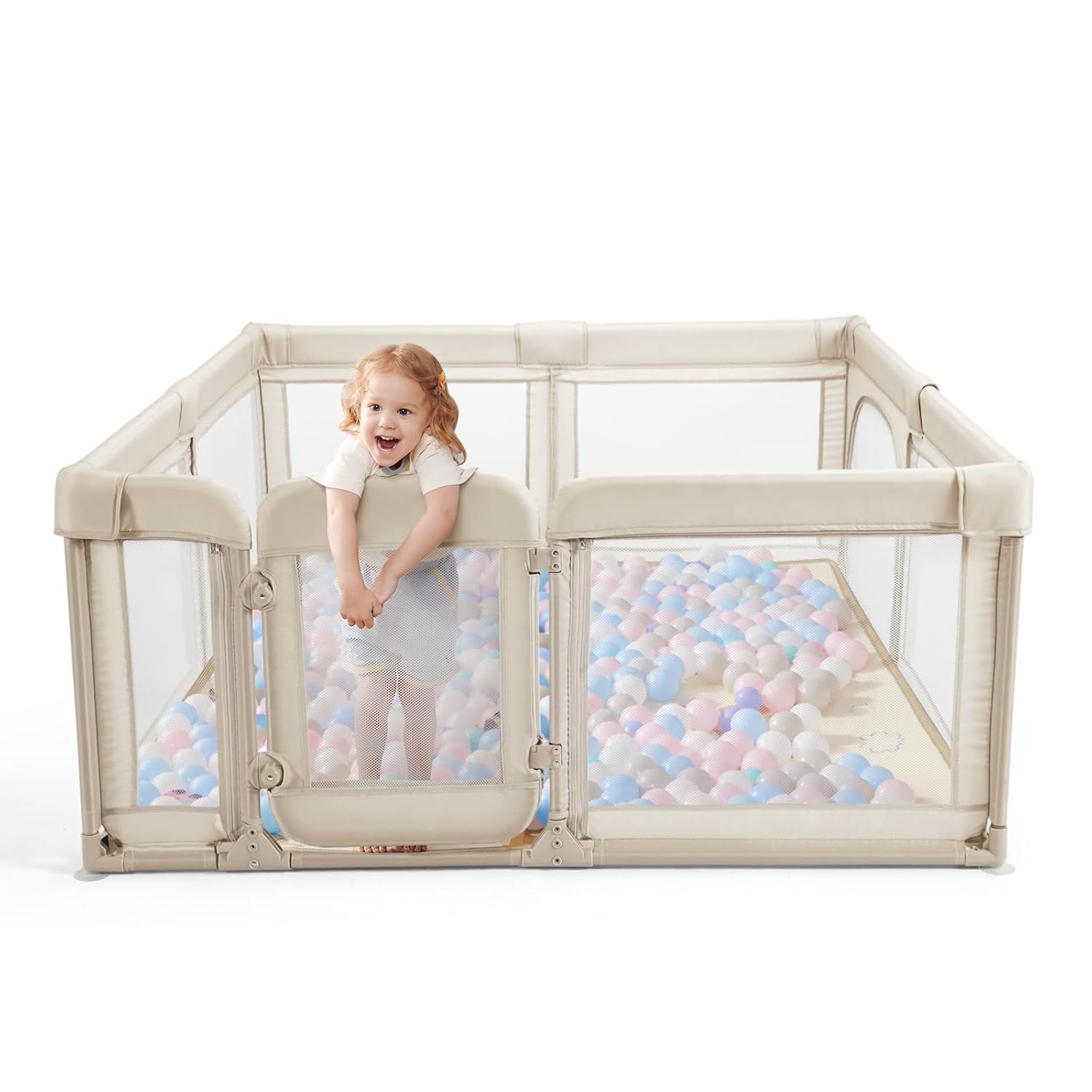 Baby Playpen for Babies and Toddlers, 71 x 79in Large Playpen with Double Door, Full Steel Frame & Oxford Fabric, 0-24 Months Safe Play Area for Infant and New Parents(Khaki)