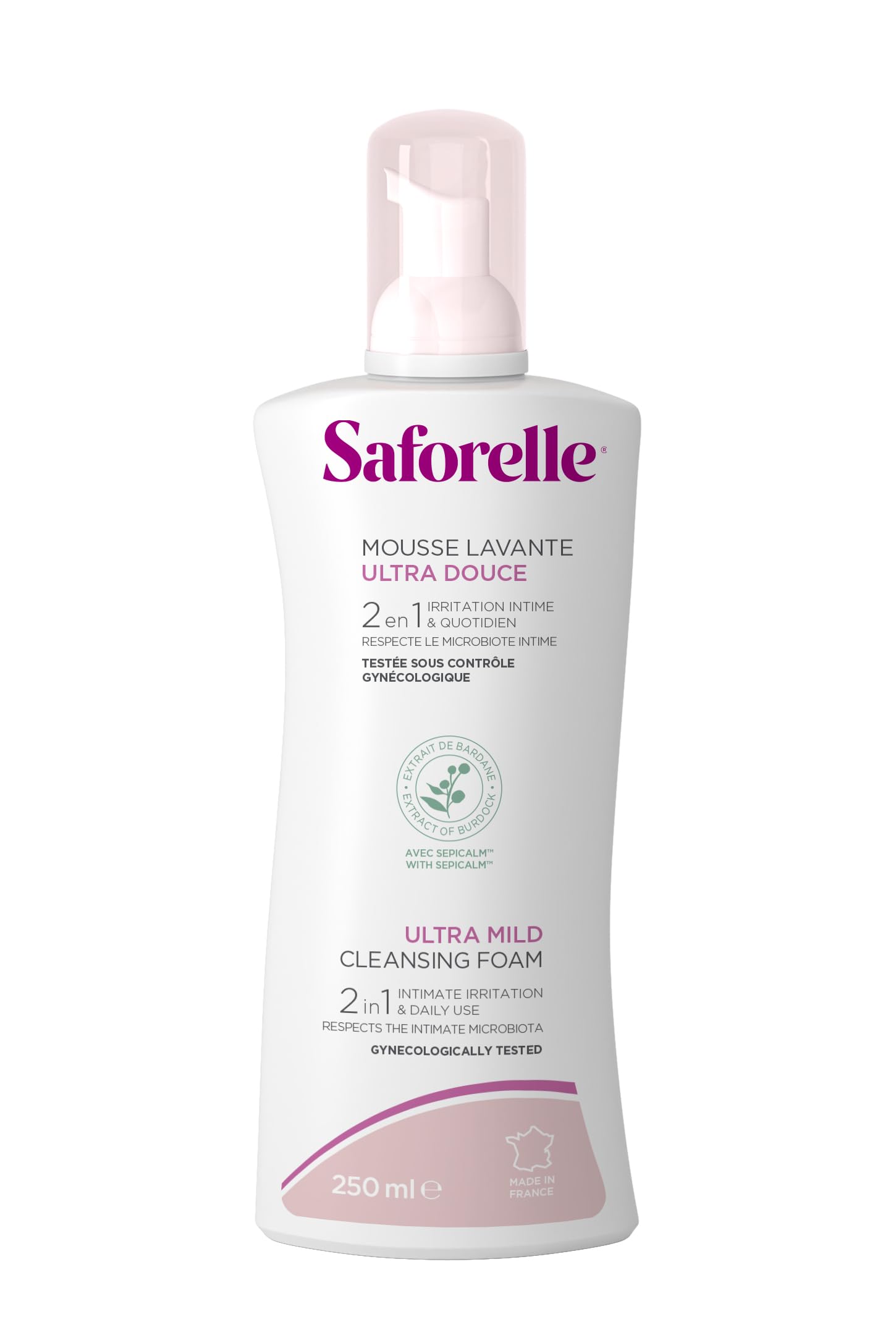 SAFORELLE – Mousse Lavante Ultra Douce – Soin Intime &Corps Quotidien – Peaux normales, sensibles & irritées – À l’extrait de Bardane – Sans savon – 250 ml
