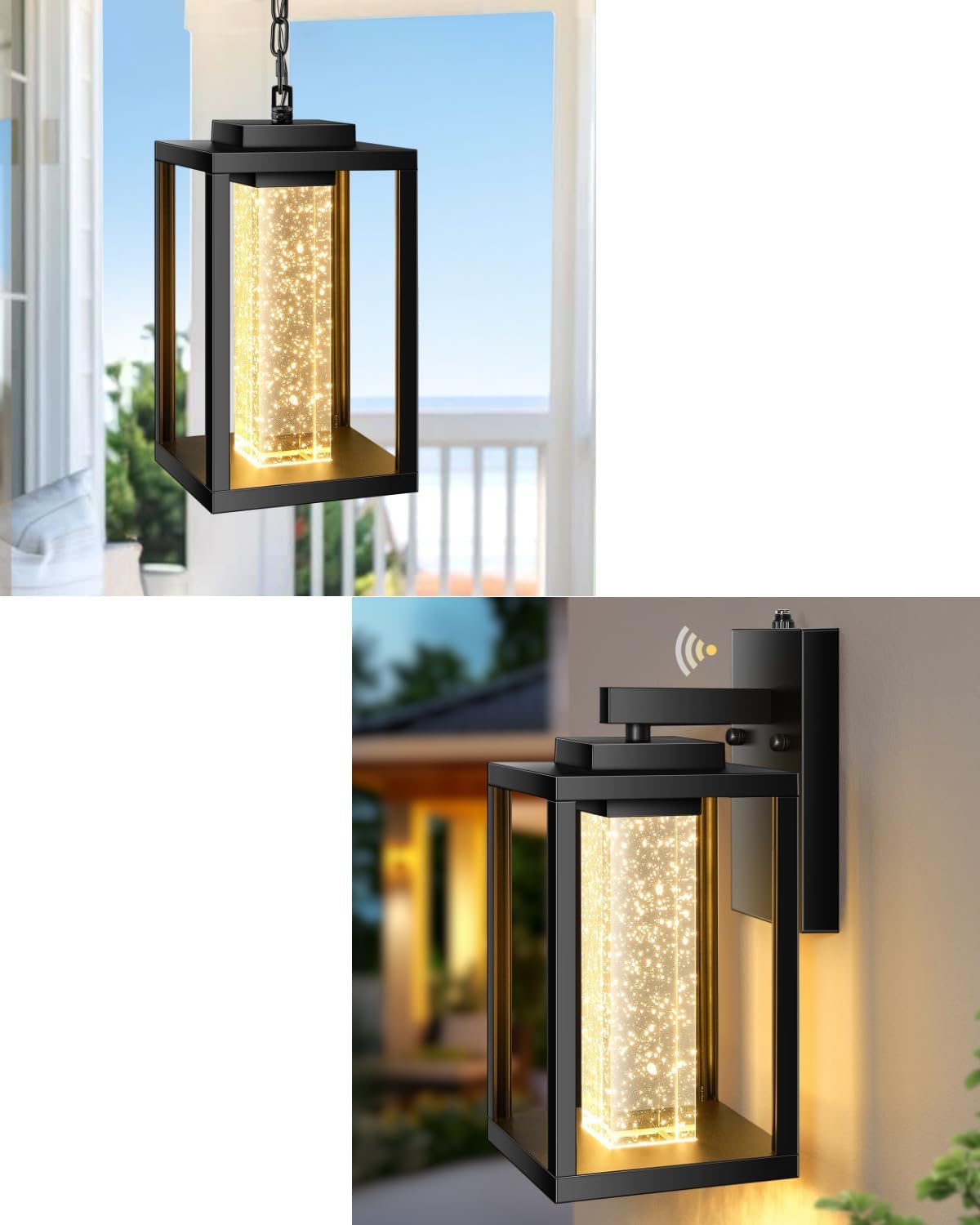 VIANIS Outdoor Pendant Light for Porch with Adjustable Chain, Black Porch Lights Outdoor Dusk to Dawn, Modern Exterior Garage Lighting Fixture Wall Mount