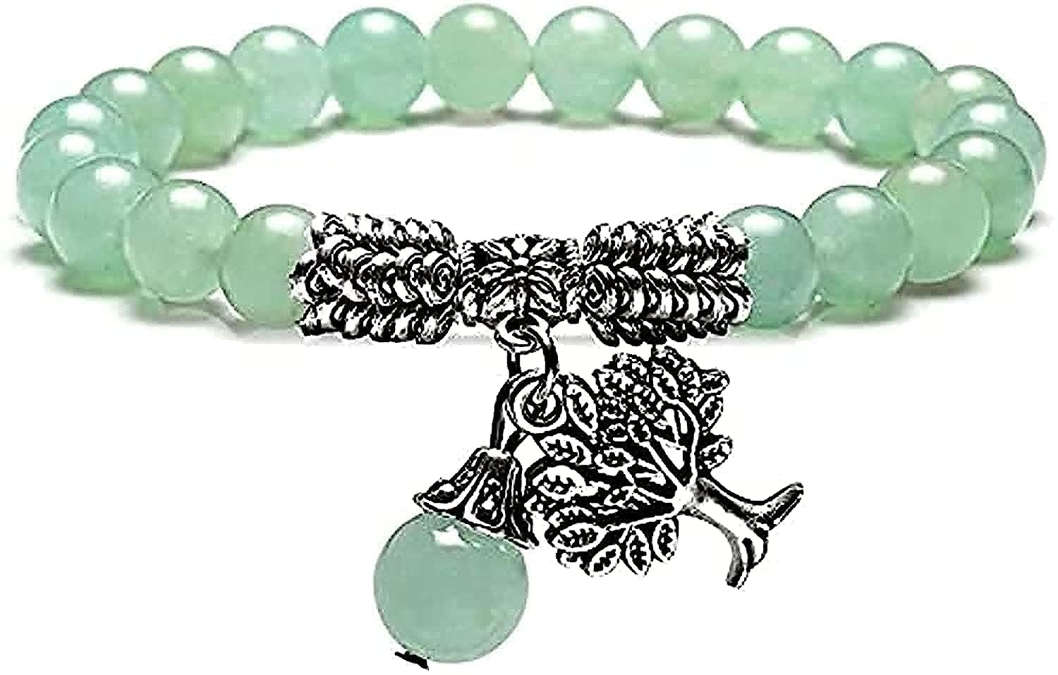 ORiTi Stretch Rose Quartz Tree of Life Lucky Stone Bracelet Reiki Healing Crystal Gemstone Dangle Charms Pendant Birthstone Bracelet(6.2")