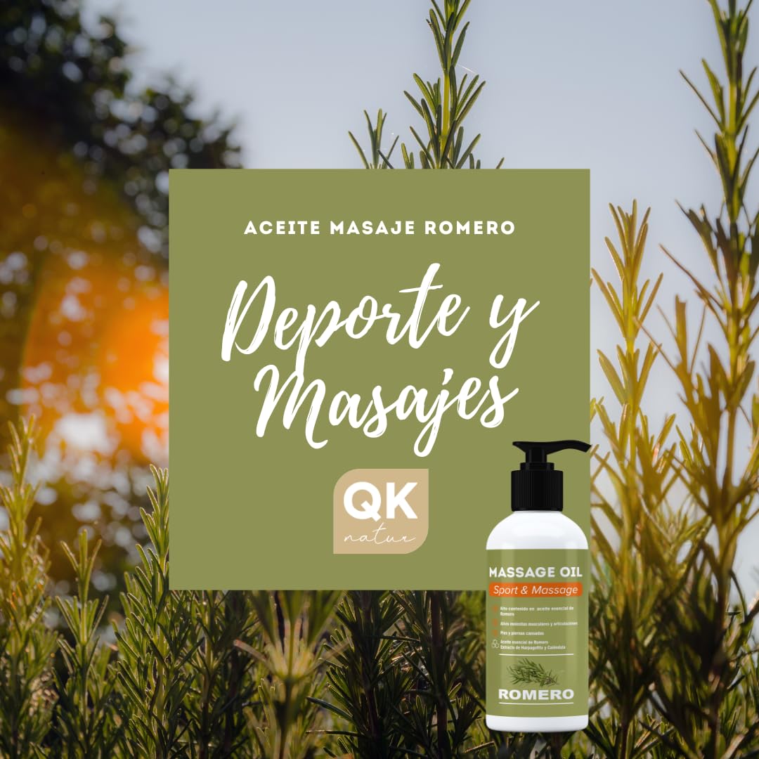 QKnatur - Aceite de ROMERO - Aceite para Masaje con Alto Contenido en Aceite Esencial de Romero y Extractos de Harpagofito y Calendula - Recuperador Muscular (250 ml) Aceite de Romero para Masaje