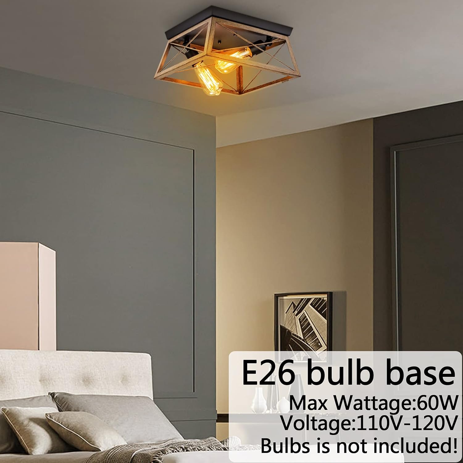 Pynsseu Industrial Ceiling Light, 2 Lights Farmhouse Semi Flush Mount Ceiling Fixture for Kitchen Island Dining Room Bedroom Foyer Hallway, 1 Pack