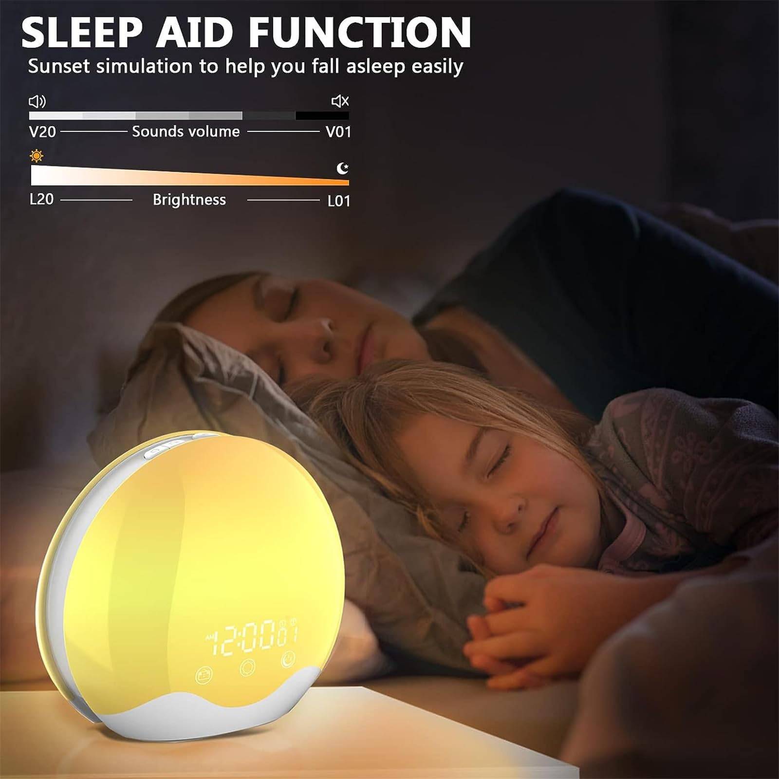 Despertador Digital LED con función de Amanecer, Control táctil, 6 Sonidos Naturales y 12 Efectos de iluminación degradados, lámpara de Noche