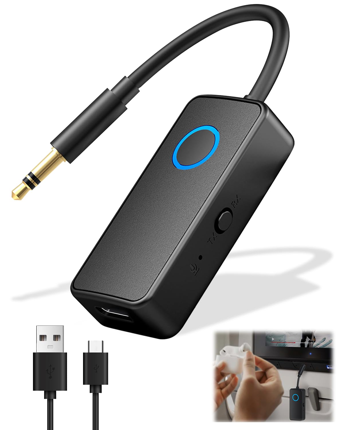 2 en 1 Transmisor Receptor Bluetooth 5.4 Adaptador | Receptor Bluetooth Jack 3.5 mm para coche, TV, PC, Auriculares y Altavoces, Transmisor de Audio 3,5 Mm AUX para Viaje, Vuelo