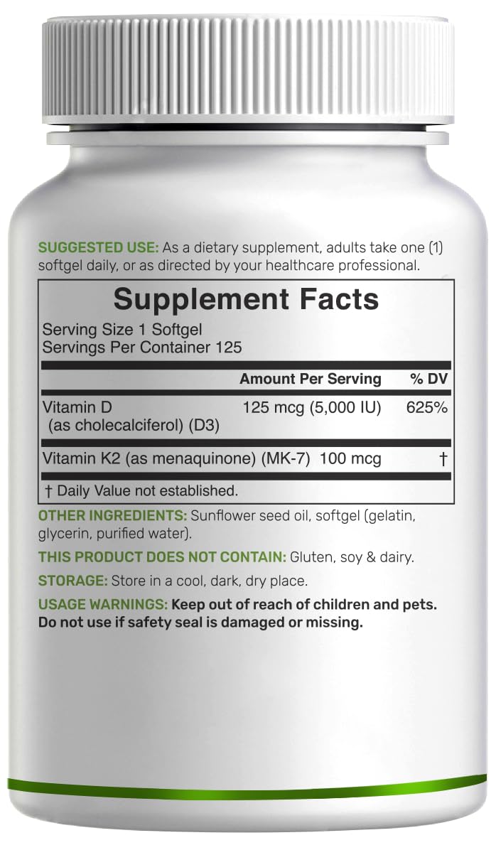 Deal Supplement Vitamin D3 K2 (MK-7) 5,000 IU Per Serving, 125 Softgels — Amazon image 6