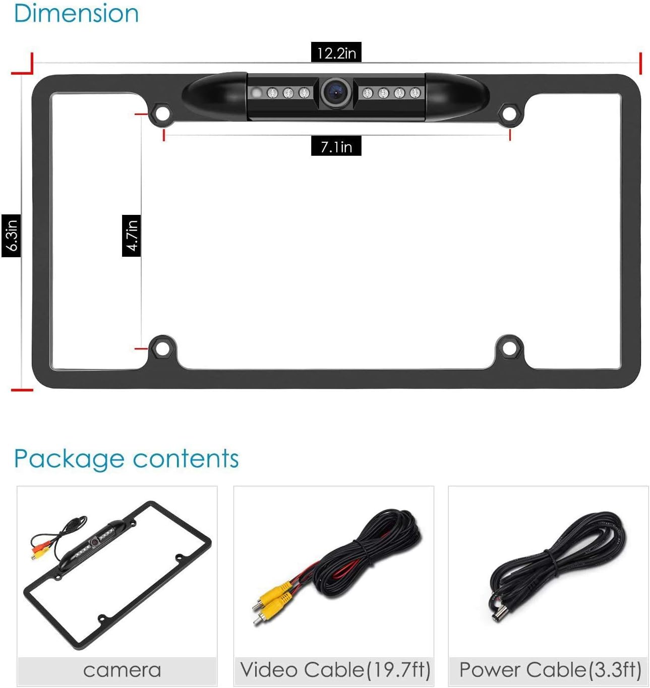 Car License Plate Camera, 170° Viewing Angle, Night Vision, IP67 Waterproof, Universal Mount, High Sensitivity CMOS Sensor, 520 TV Lines, RCA Connector