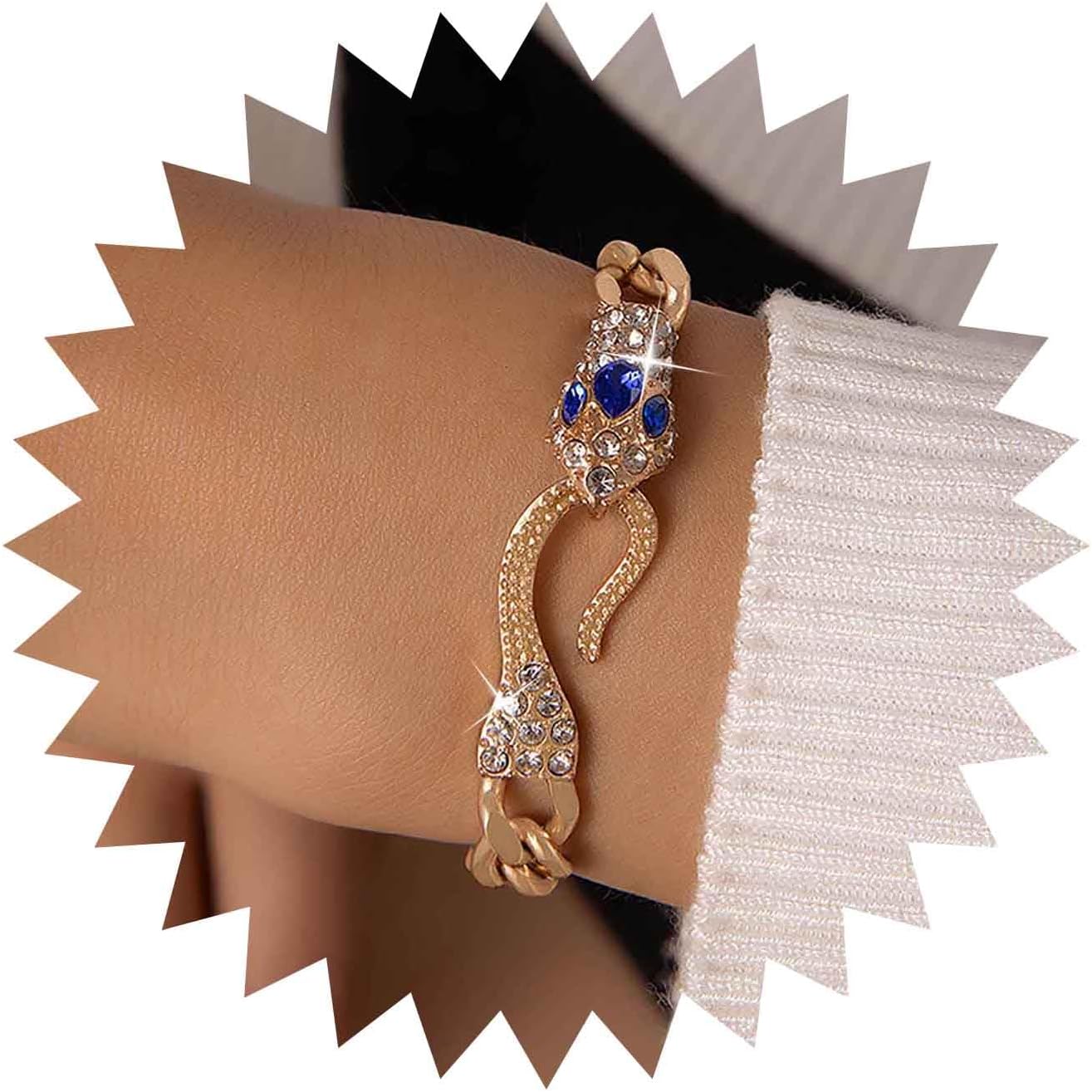 Gothic Sapphire Snake Bracelet Gold Cuban Chain Bracelets Blue Crystal Snake Bracelet Snake Cz Bracelet Rhinestone Punk Serpent Hand Chain Bracelet Jewelry for Women
