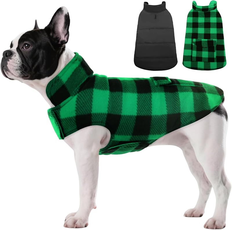 Casaco de Inverno Reversível para Cães ASENKU com Bolso Xadrez Verde, XS