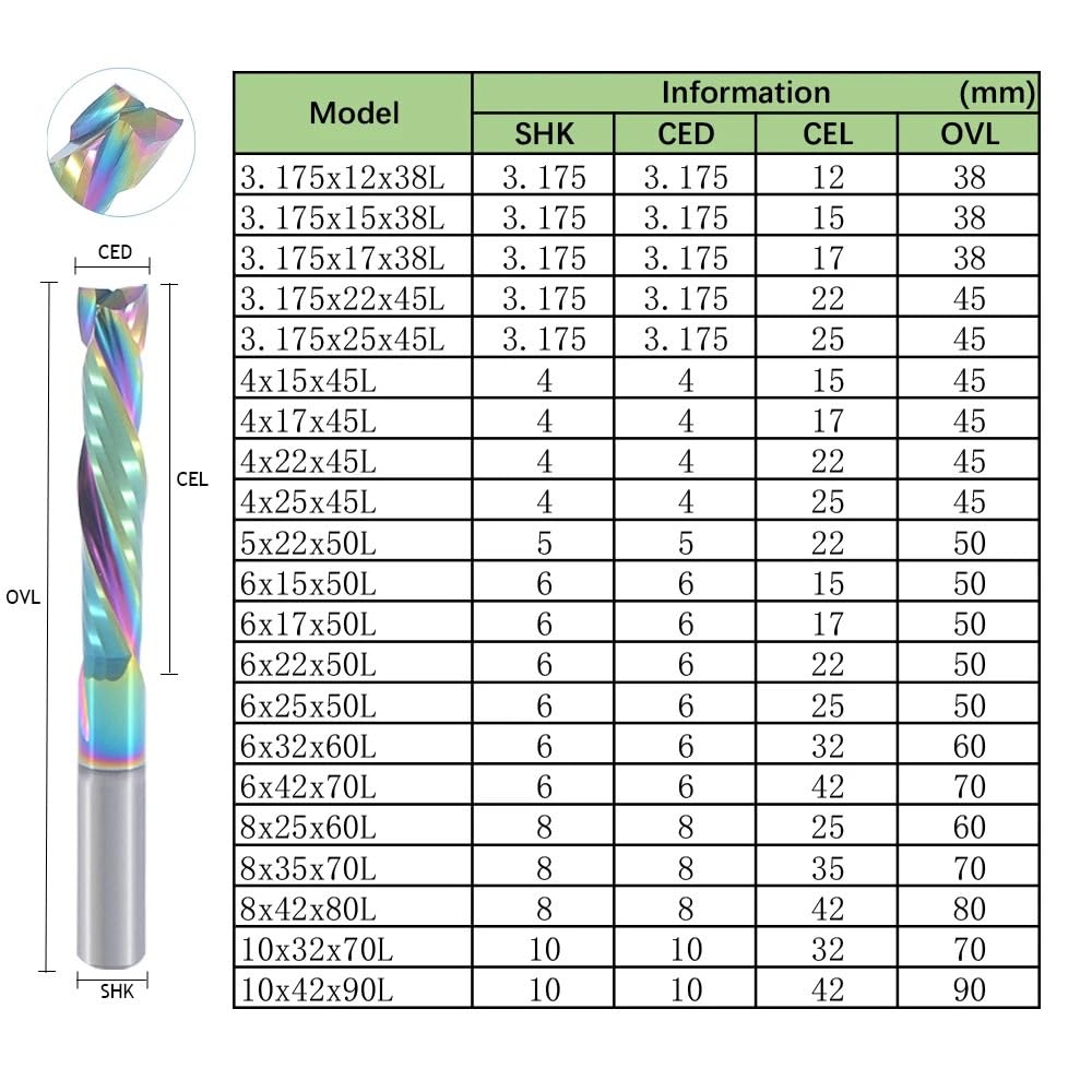 Frezy trzpieniowe z węglika wolframu, Frez CNC do drewna Dwuostrzowy spiralny DLC cięcia w górę 3,175-10 mm Wiele rozmiarów(10x32x70L)