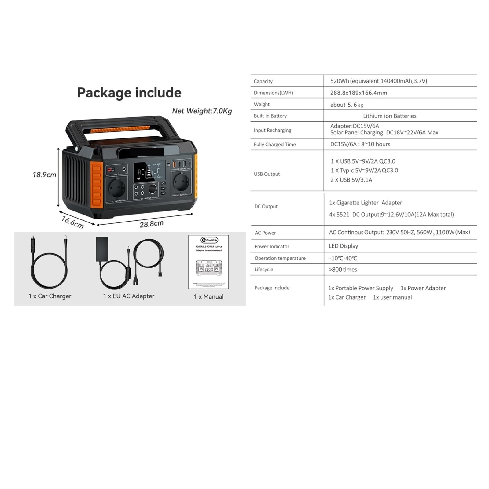 Générateur Solaire Portable 560W, Onde Sinusoïdale Pure 230V, Prises AC, 520wh, Batteries Au Lithium For Panneau Recharge Ultra Rapide