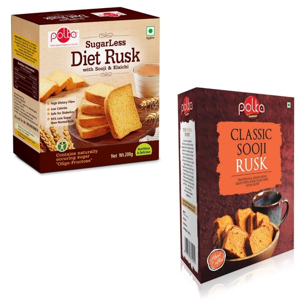 Sugarless Diet Sooji Rusk with Elaichi & Classic Sooji Rusk with Saunf, Pack Of 2 X200 =400 Gm