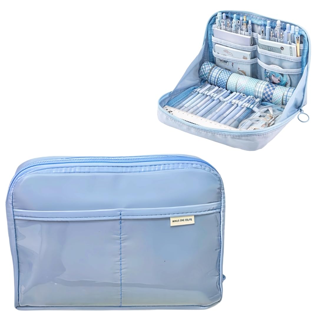 Kawaii Cute Aesthetic Pencil Case - Large Capacity Canvas Pen Pouch Bag (Blue)