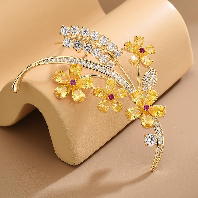 Image of 14K Gold Wheat Sheaf Brooch Embellished with Lustrous Colored Gemstone Flowers, Moissanite Accents Elevate its Elegance, Unique Botanical Jewelry Gift for Women