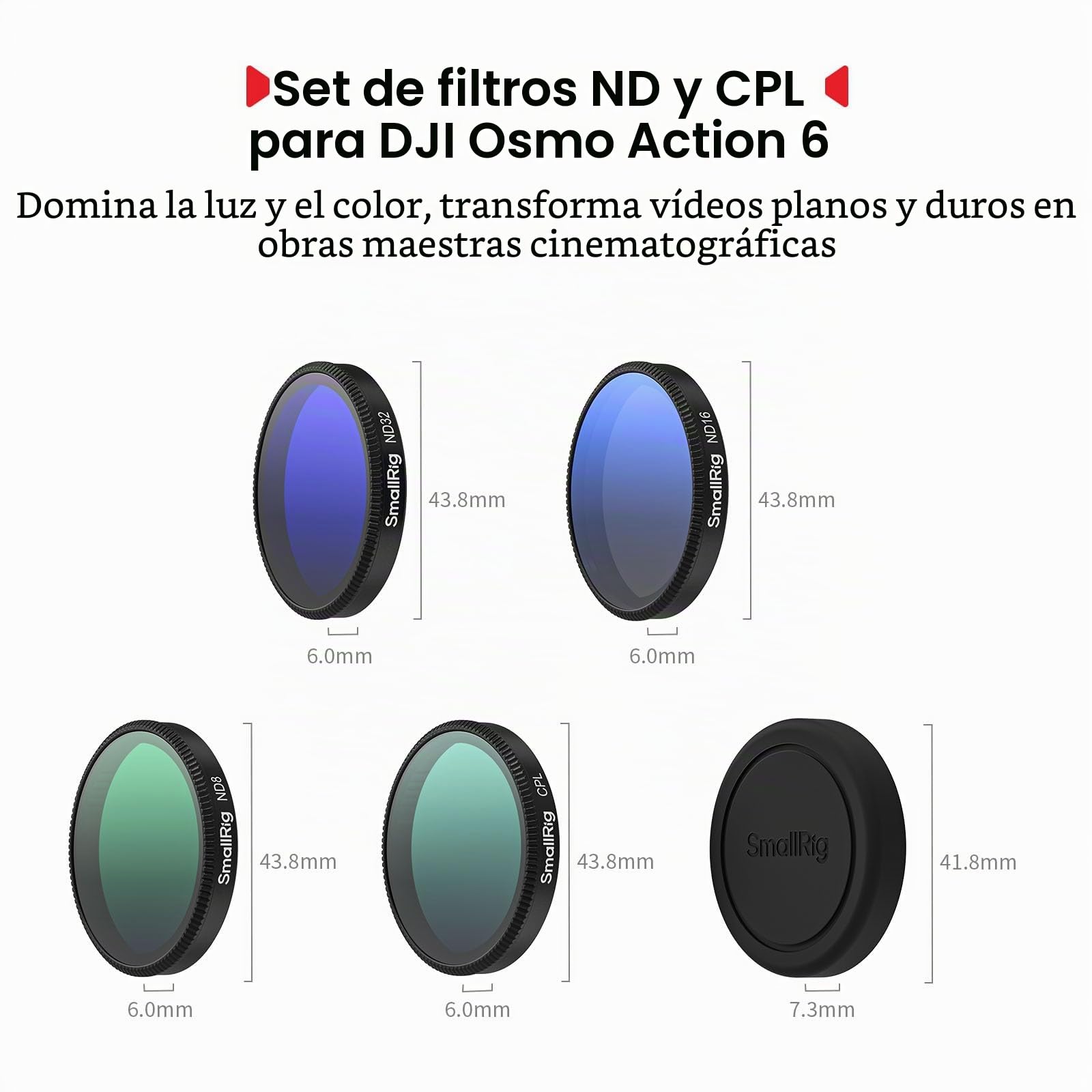 SMALLRIG Kit de Filtros ND para DJI Osmo Action 6, CPL ND8 ND16 ND32, Filtros de Densidad Neutra Polarizados con Cubierta de Silicona, Vidrio Óptico HD - 5895