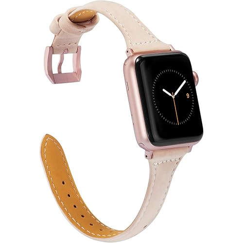 Wearlizer Nude Leather Compatible with Apple Watch Band 42mm for iWatch 44mm 45mm Series 4 5 6 7 SE Women Slim Strap Stylish Wristband Leisure Replacement Scrub Brown (Rose Gold Clasp) Series 3 2 1