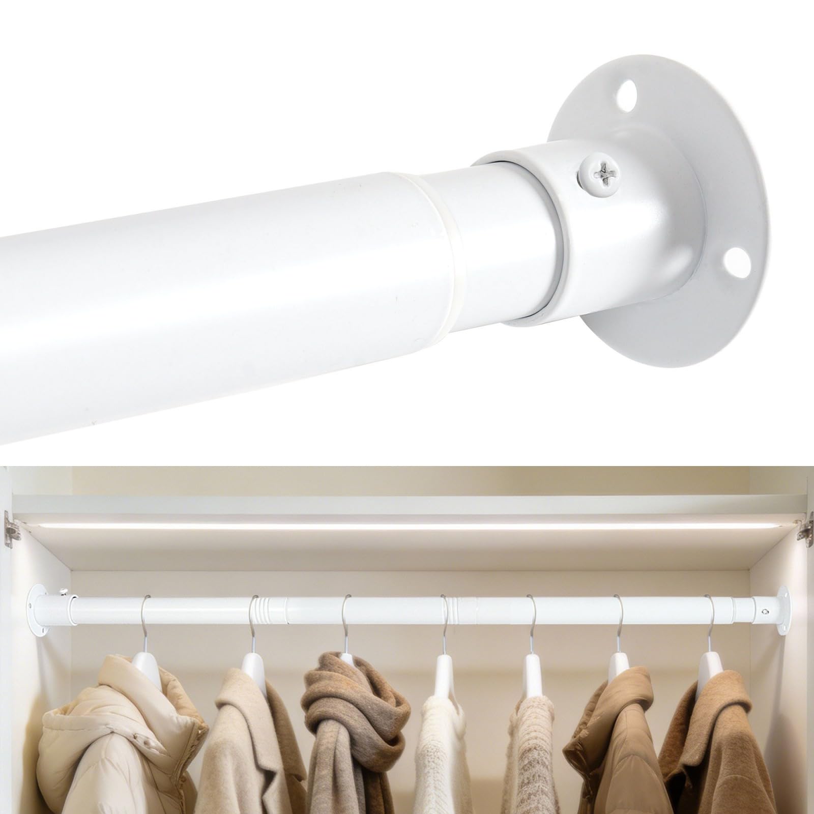 KINGSOW White Extendable Wardrobe Rail: 64.5-130cm Heavy Duty 25mm Stainless Steel Clothes Hanging Pole 25kg Load Capacity for Bedroom Closet Laundry