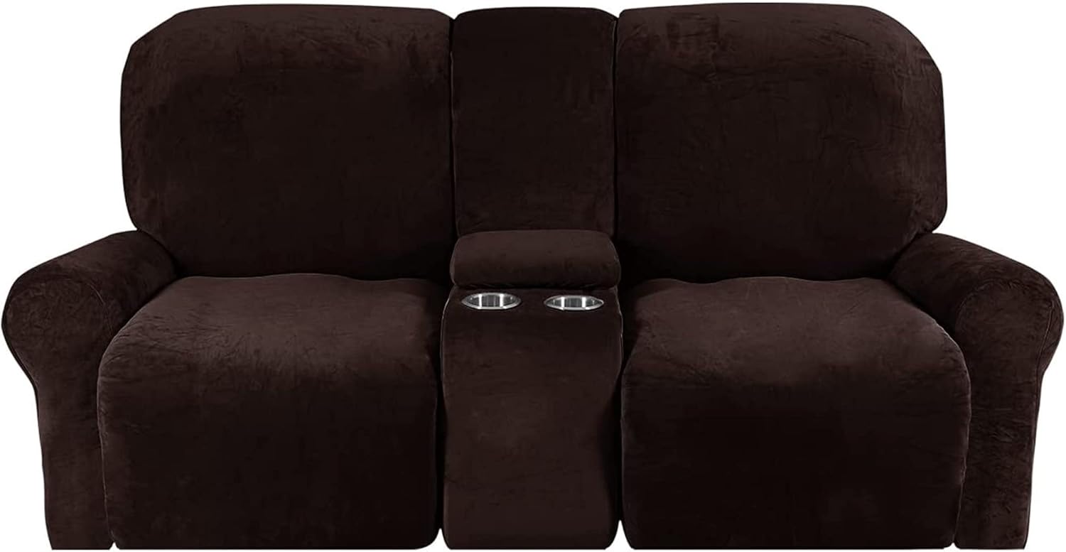 cjc Love Seat Recliner Cover with Middle Console Slipcover, 8 Pieces Velvet Stretch Sectional Recliner Sofa Slipcover with Cup Holders, 2 Seat Reclining Cover, Thick, Soft,Machine Washable (Brown)