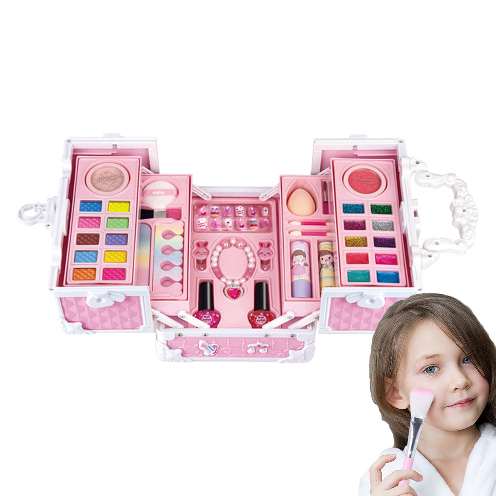 Collezione di cosmetici per bambini: kit di bellezza lavabile, strumenti di trucco, scatola organizer con specchio a base d'acqua | Regalo di creativo per ragazze Compleanno Celebracione