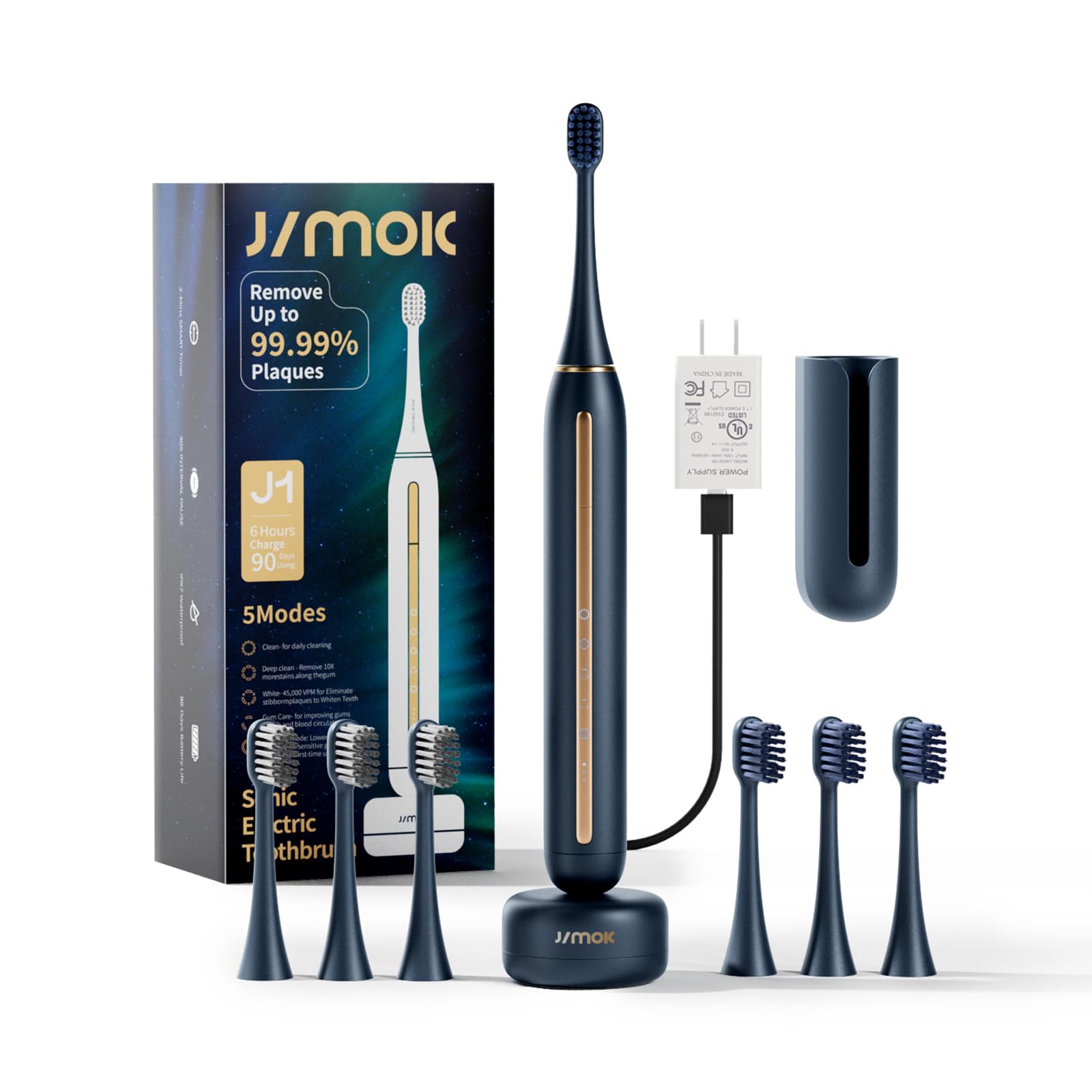 Electric Toothbrush for Adults - Blue, 45,000 RPM, 3 DuPont & 3 Toray Brush Heads, 90 Days of Use, Fast Charging, Waterproof, 2-Minute Timer, IPX7 Waterproof, Holder